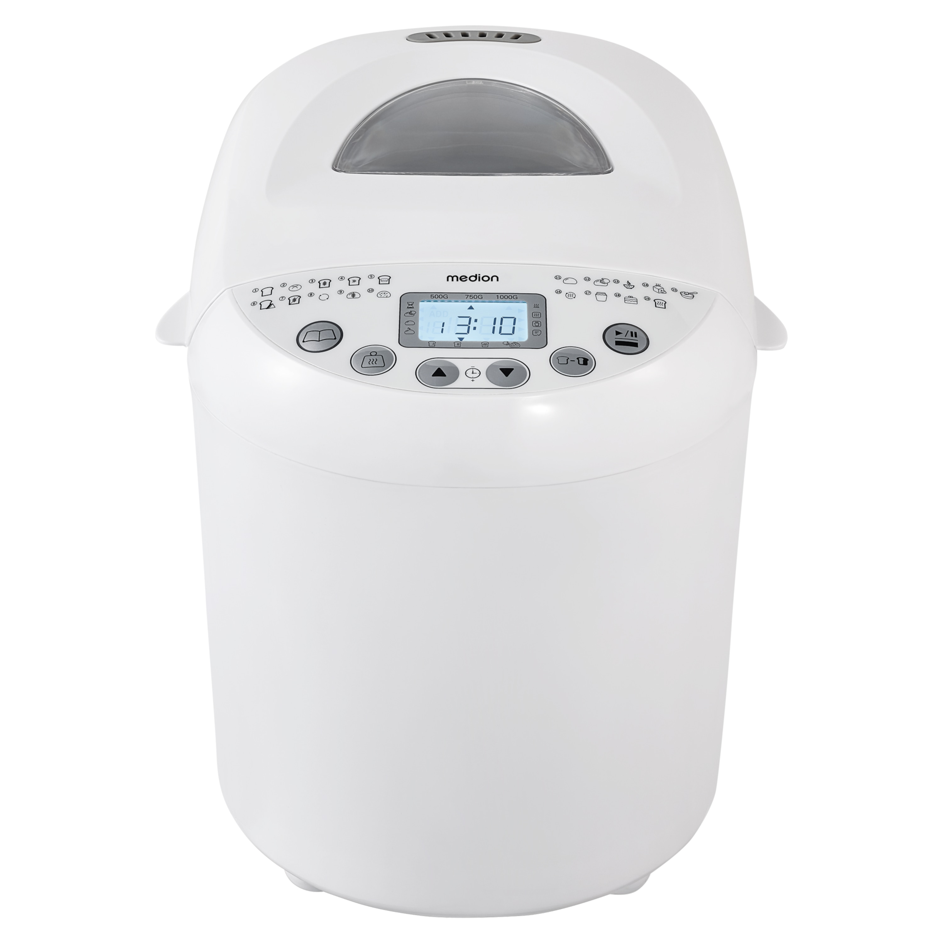 Ein weißer Medion-Brotbackautomat. Er hat eine Digitalanzeige mit Uhrzeit. Auf der Vorderseite befinden sich Knöpfe und Symbole.