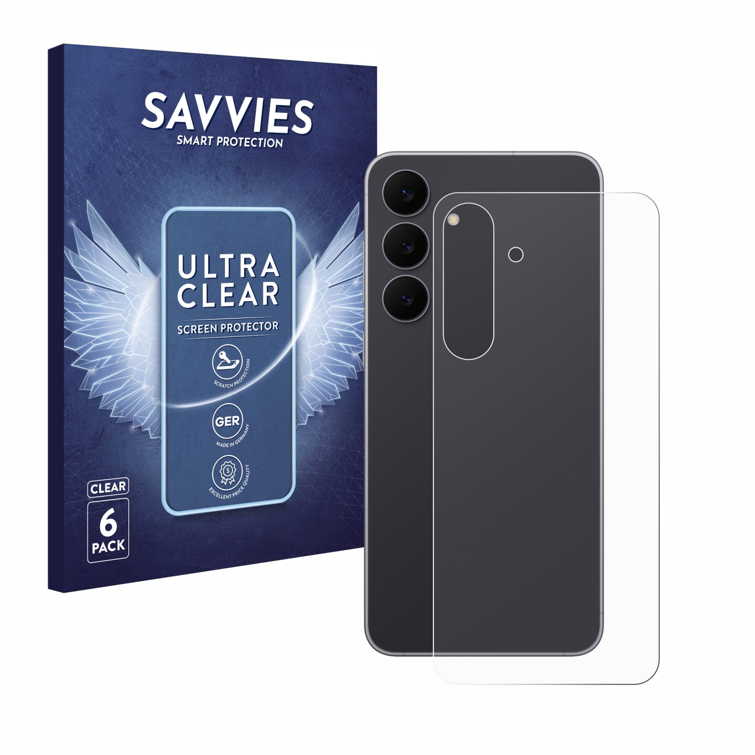 Smartphone mit Displayschutzfolie und eine Schachtel mit Displayschutzfolien. Auf der Schachtel steht 'SAVVIES' und 'ULTRA CLEAR' mit Flügeln.