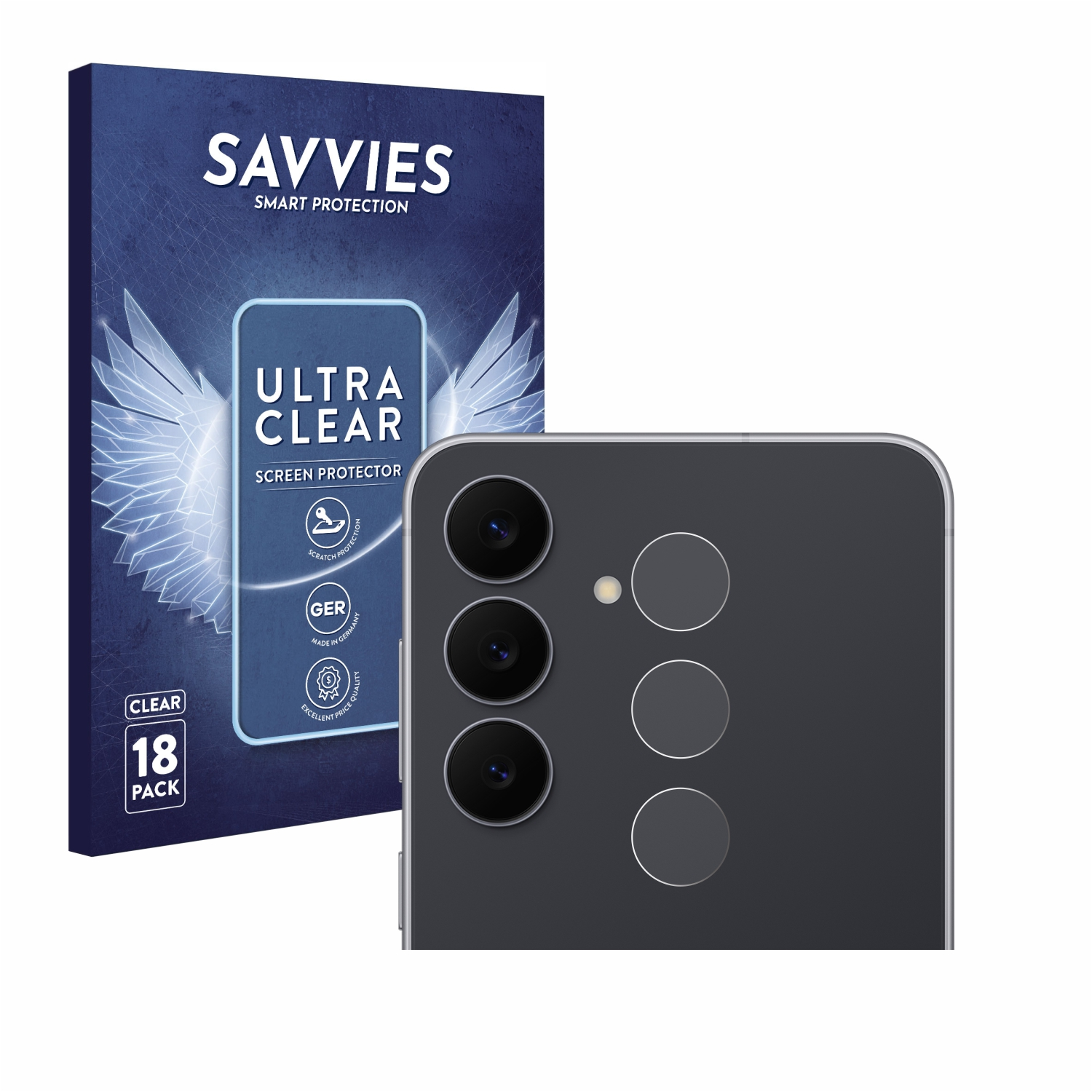 Rückseite eines Telefons und eine Displayschutzfolienbox. Die Box ist blau mit weißem Text. Das Telefon ist grau mit Kameralinsen.