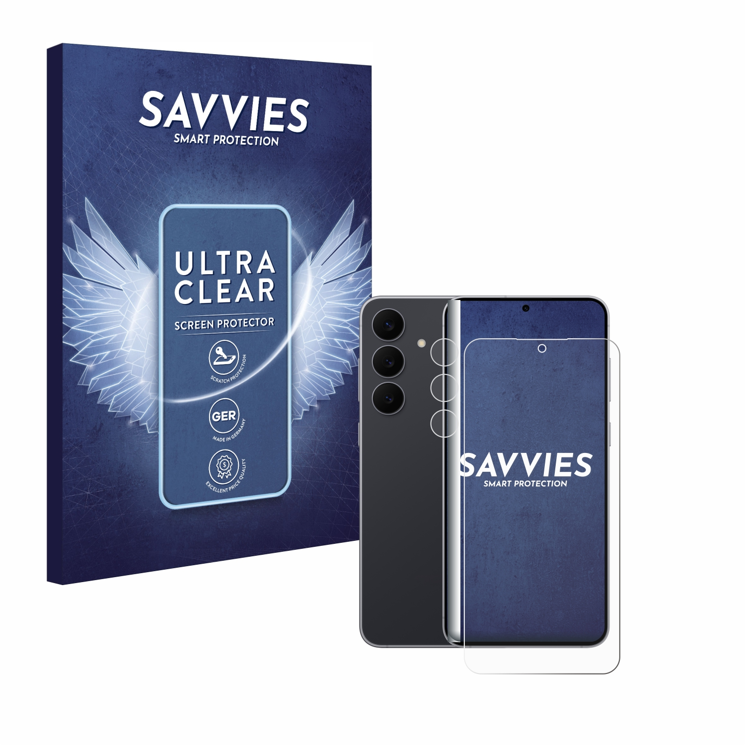 Ein Telefon mit Displayschutz, Marke Savvies, mit einer Box mit Markennamen und Text 'Ultra Clear'.