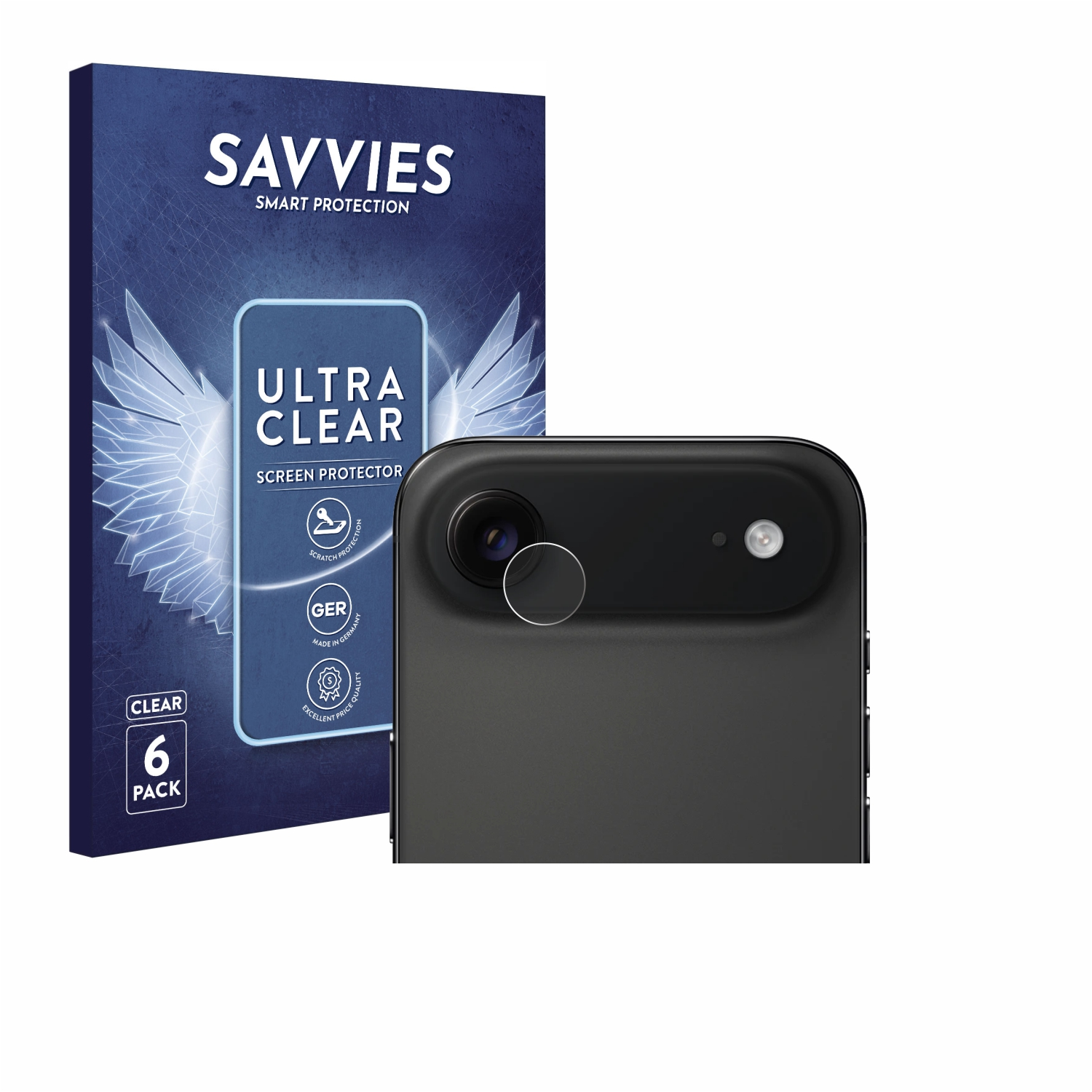 Ein Smartphone mit einer Displayschutzfolienbox. Auf der Box steht 'SAVVIES', 'ULTRA CLEAR' und '6 PACK'. Das Telefon ist schwarz.