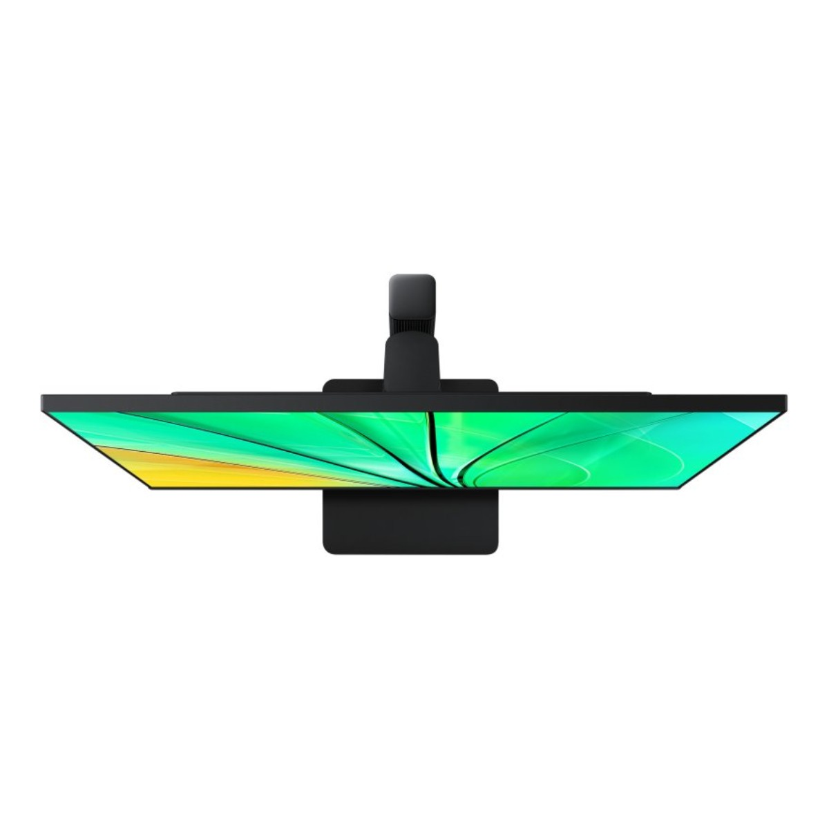 Widok z góry na czarny monitor. Ekran wyświetla zielone i żółte abstrakcyjne wzory. Monitor znajduje się na białym tle.