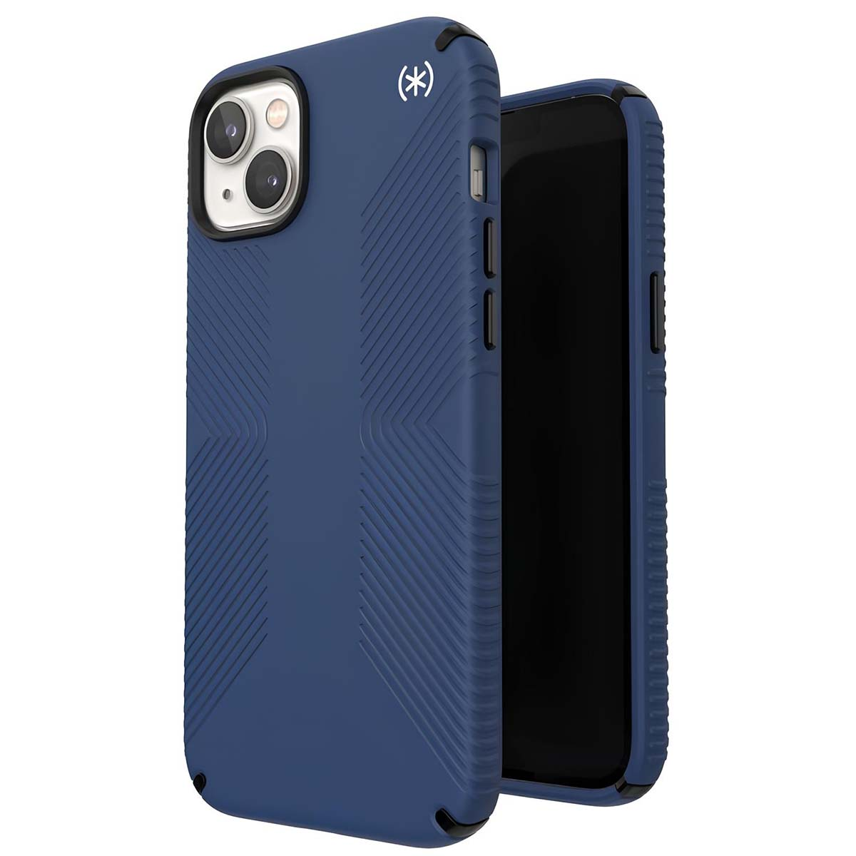 Una funda azul para teléfono con líneas diagonales y un teléfono negro dentro. La funda tiene un logotipo.