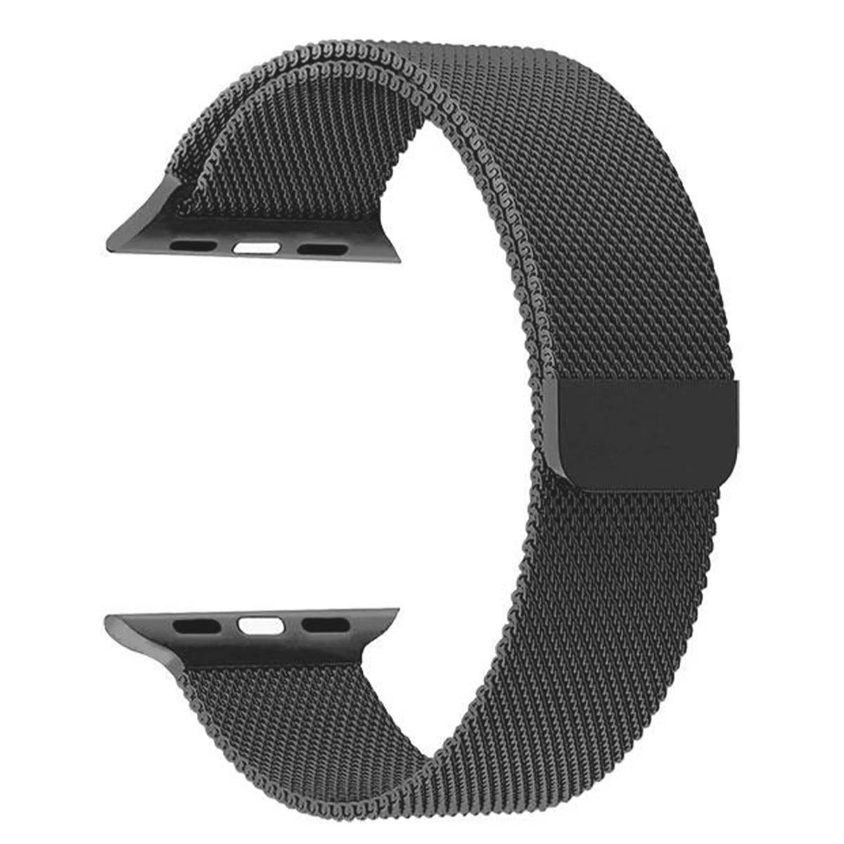 Un cinturino per Apple Watch in rete metallica nera. Ha una chiusura magnetica e punti di attacco per l'orologio. Il cinturino è a forma di C.