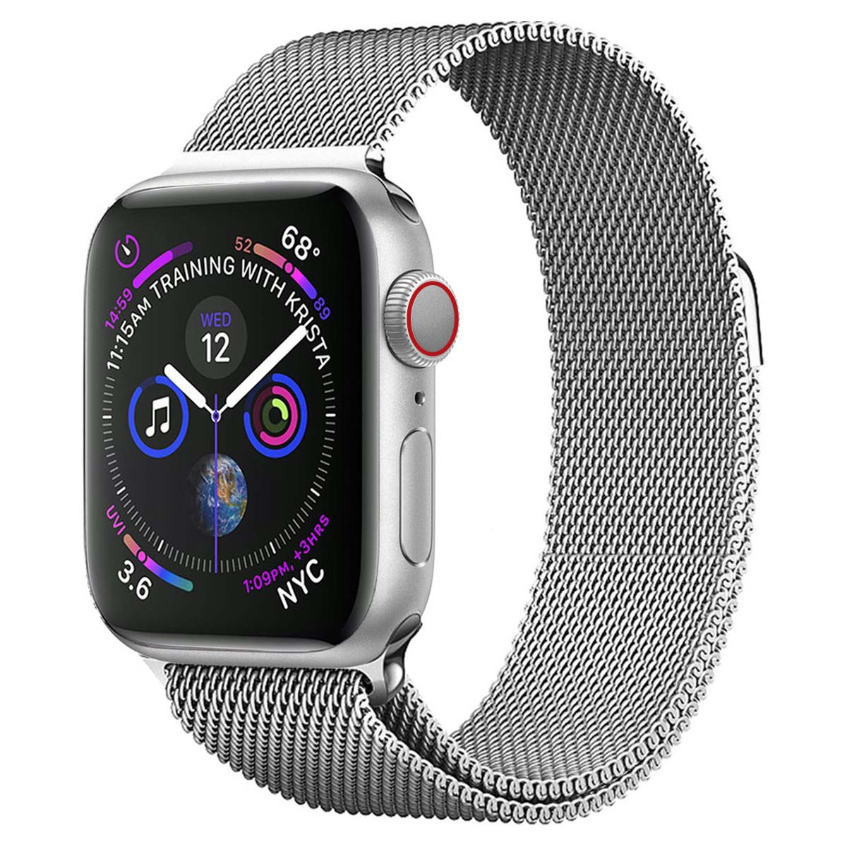 Apple Watch argentato con cinturino in maglia. Lo schermo mostra ora, temperatura e icone delle app. L'orologio ha un pulsante rosso.