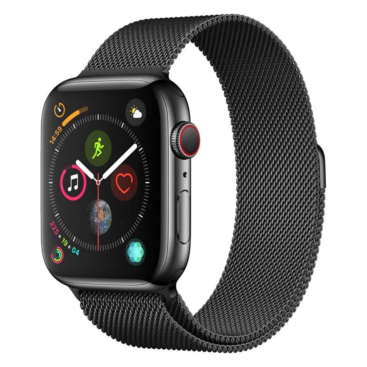 Un Apple Watch nero con cinturino a maglia nera. Il quadrante mostra icone per musica, corsa, frequenza cardiaca e ora.