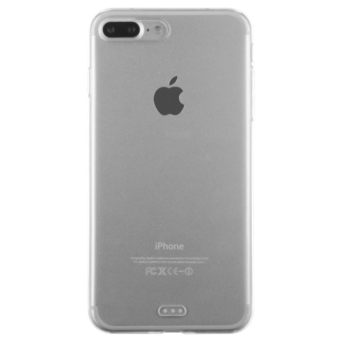 Un iPhone 7 Plus argentato in una custodia trasparente. Il logo Apple è visibile. Il telefono è rivolto verso l'alto, mostrando la fotocamera.