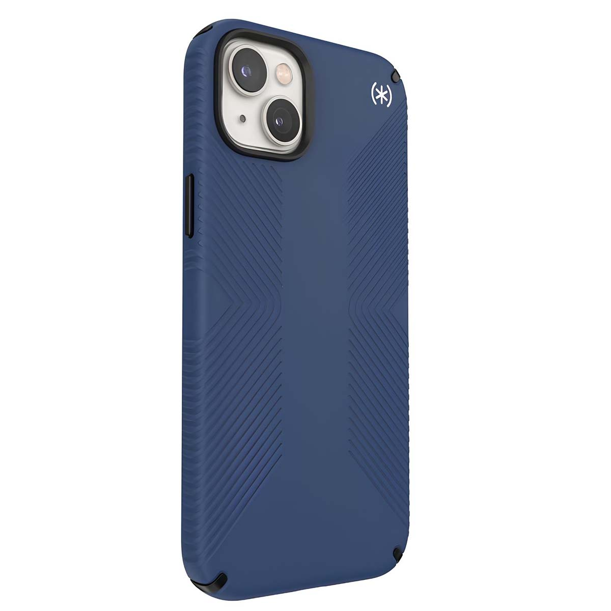 Una funda azul para teléfono con diseño texturizado. Tiene recortes para cámara y botones, y un logotipo lateral.