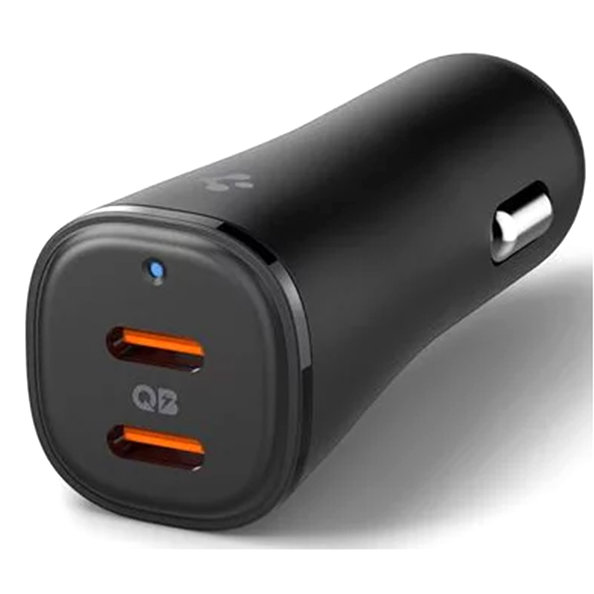 Black car charger with dual orange USB ports and a blue LED. The charger is on a white background.