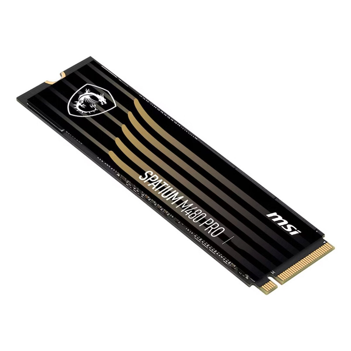 Dysk SSD NVMe MSI Spatium M480 Pro. Czarno-złoty design z logo MSI. Widok z boku na białym tle.