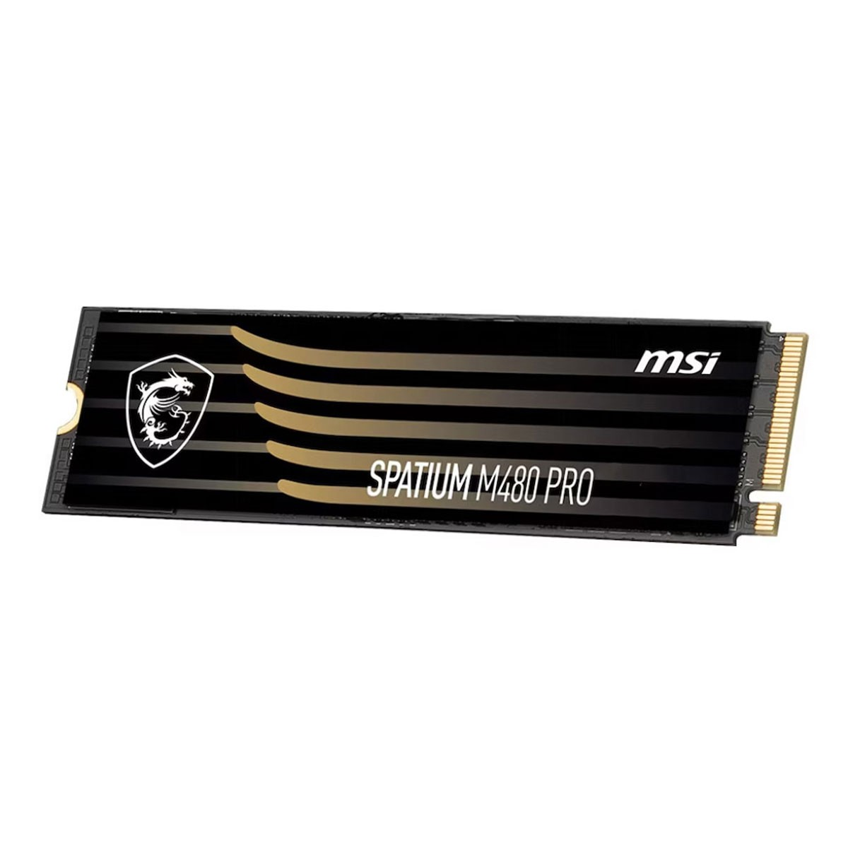 SSD MSI Spatium M480 Pro. Czarny i złoty design z logo MSI i nazwą produktu. Ma złącze.