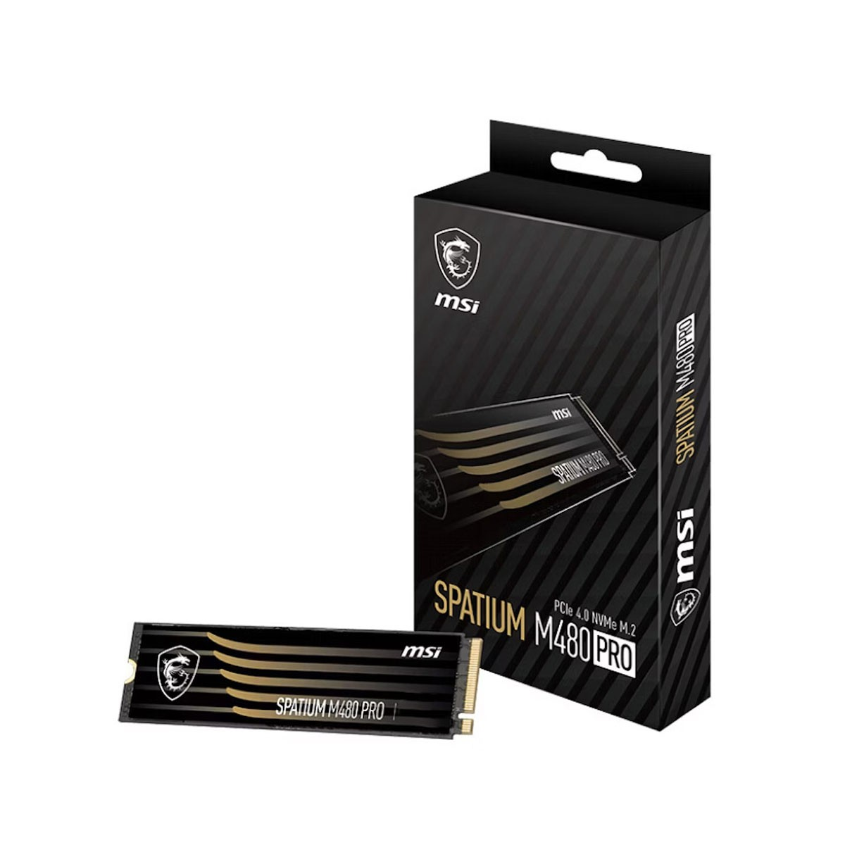 Dysk SSD MSI Spatium M480 Pro NVMe M.2. Czarne pudełko ze złotymi akcentami, karta SSD z przodu. Logo MSI.
