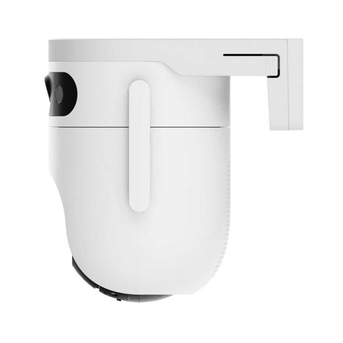 Biała kamera bezpieczeństwa z uchwytem. Korpus kamery jest zaokrąglony i ma czarny obiektyw. Biały uchwyt rozciąga się w prawo.