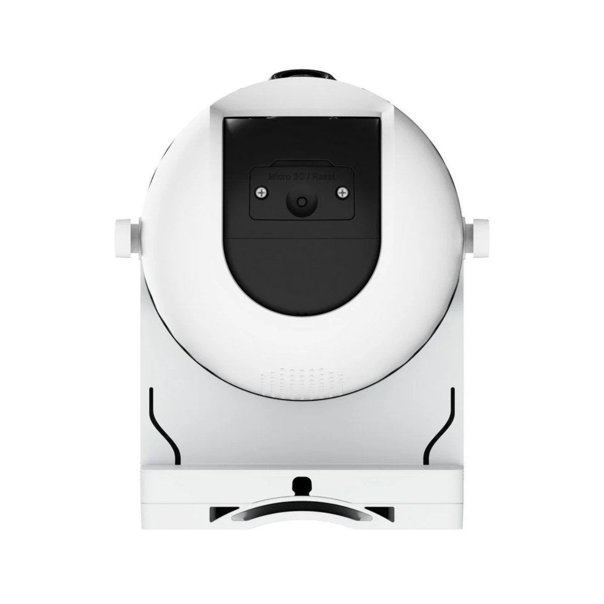 Biała kamera bezpieczeństwa z czarnym środkiem, kamera ma zaokrągloną górę i prostokątną podstawę. Kamera jest na białym tle.