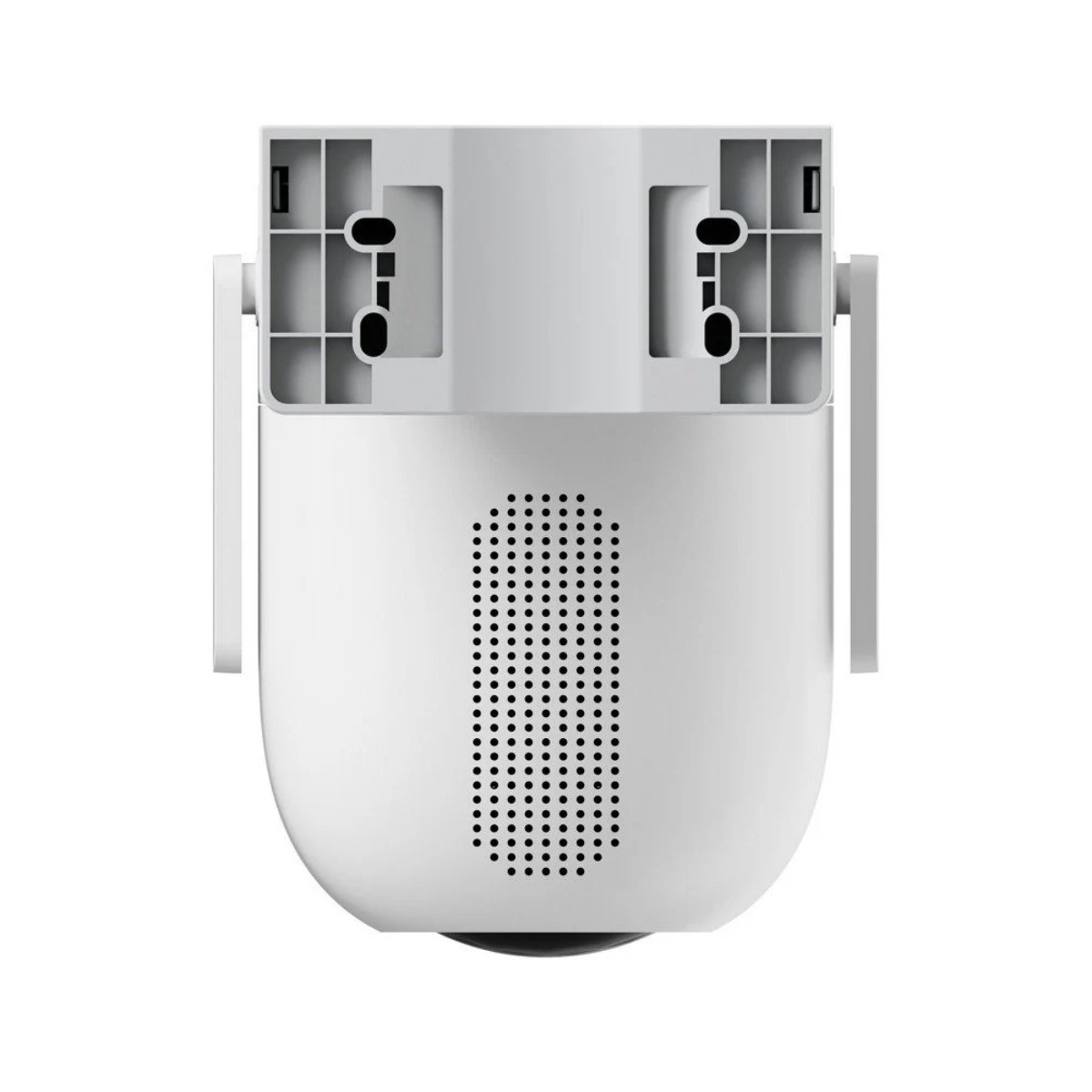 Biała kamera bezpieczeństwa, widok od dołu, z kratką głośnika, wspornikami montażowymi i ramionami bocznymi. Obiektyw jest czarny.