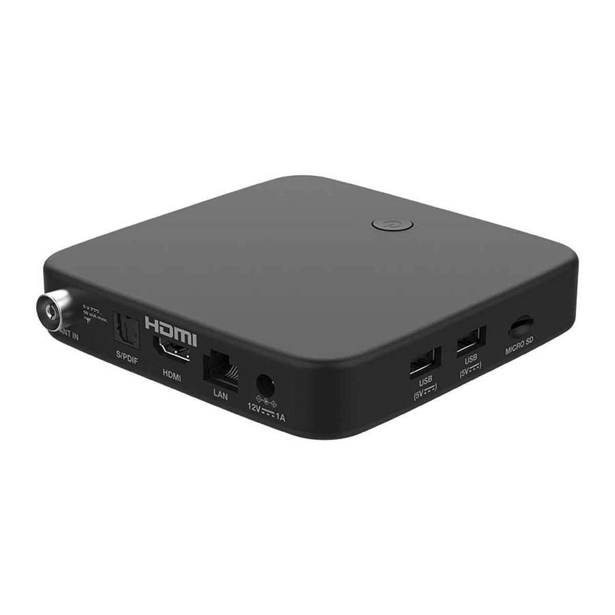 Un dispositivo multimedia negro con varios puertos, incluidos HDMI, USB y Micro SD. Etiquetas de texto de puertos. Tiene un botón de encendido.