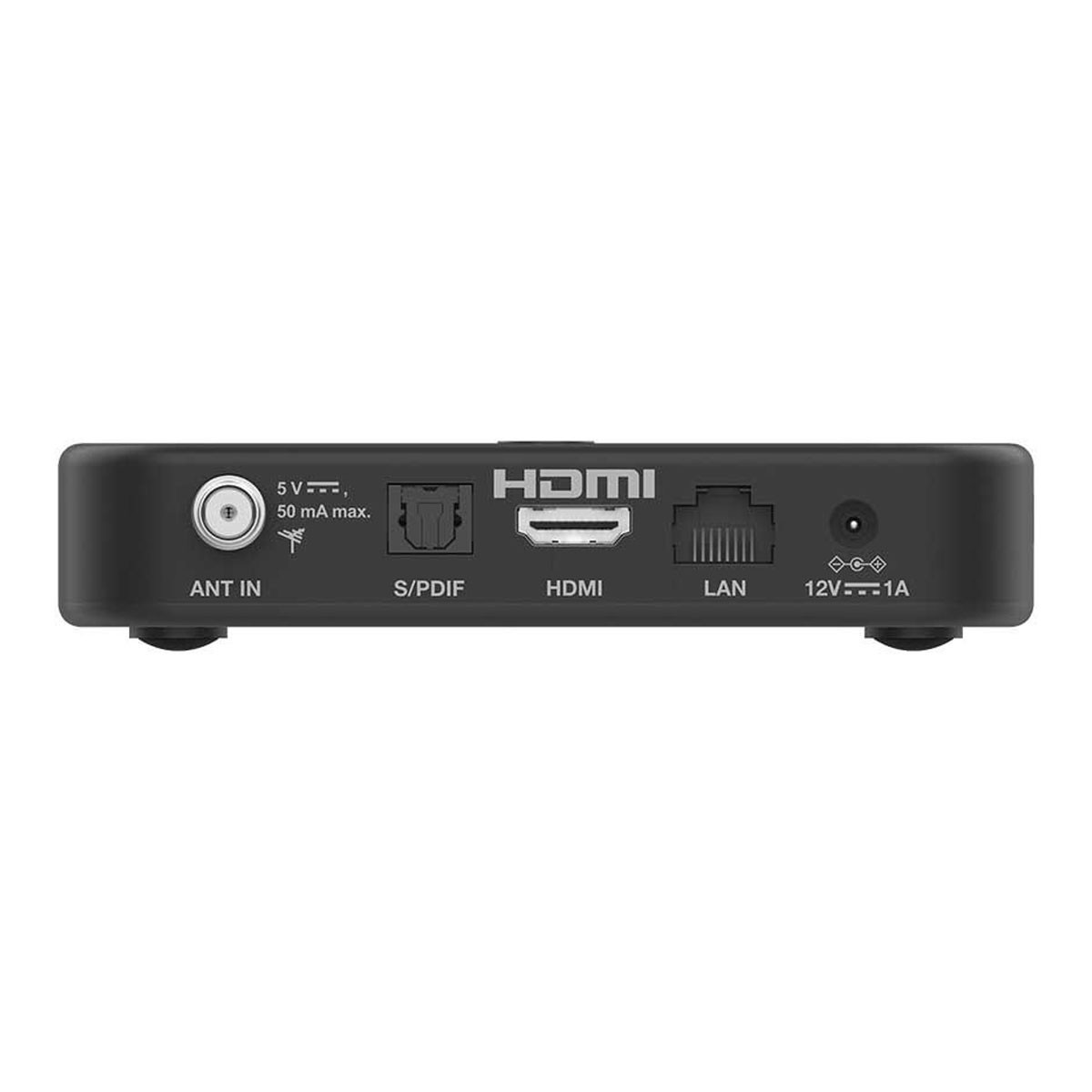 Dispositivo negro con puertos ANT IN, S/PDIF, HDMI, LAN. Logotipo HDMI presente. Texto: 5V, 50 mA max, 12V--1A.