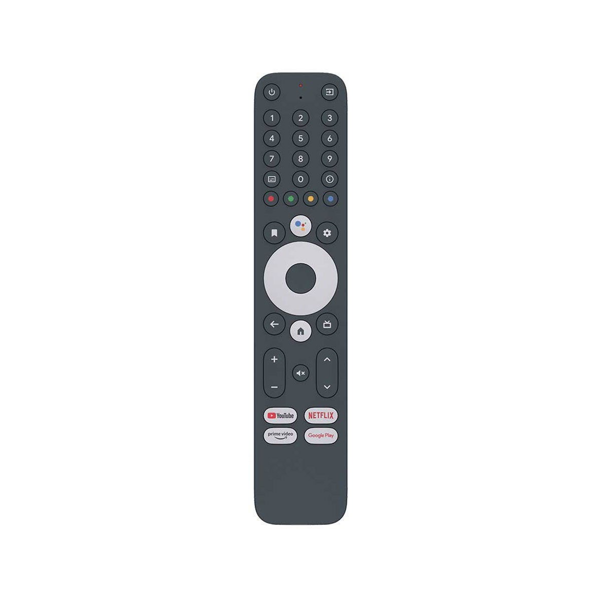 Un mando a distancia de TV gris oscuro con botones. Incluye números, navegación y accesos directos a YouTube, Netflix, Prime Video y Google Play.