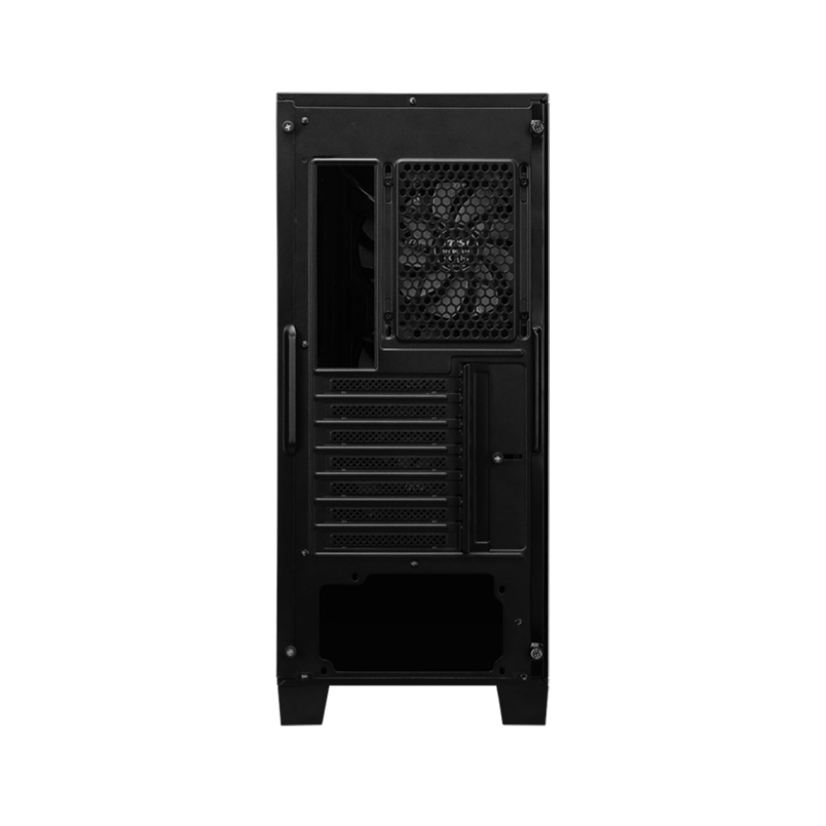 Czarny tył obudowy komputera. Posiada wentylator, szczeliny wentylacyjne i różne porty. Obudowa jest prostokątna i stoi na nóżkach.