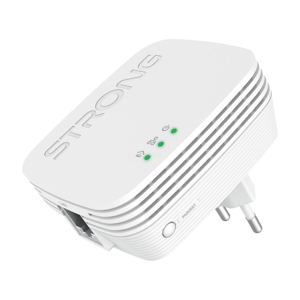 Biały wzmacniacz wifi Strong z zielonymi światłami i wtyczką. Słowo STRONG wytłoczone na górze. Widoczny przycisk PAIR/RST.