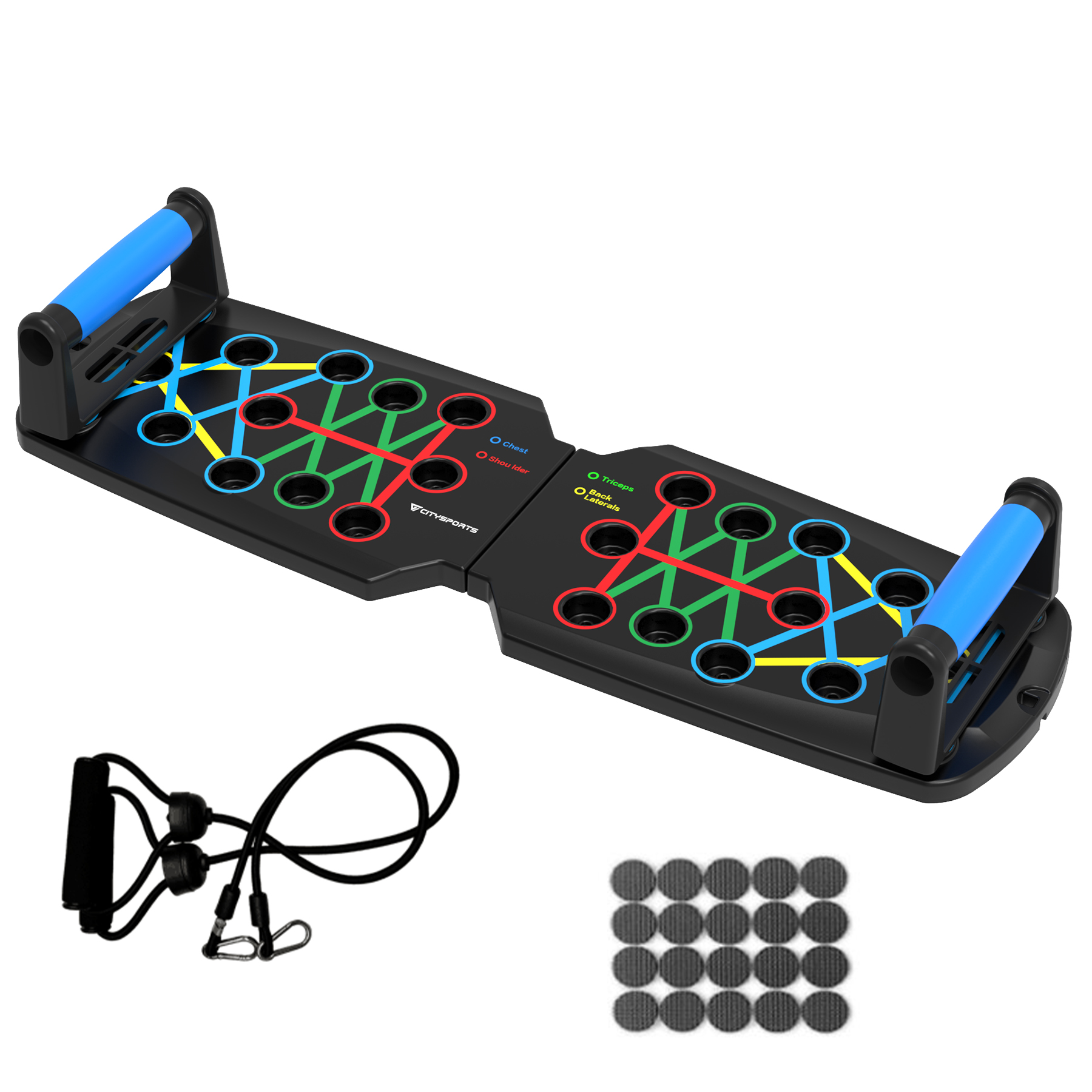 Czarna deska do pompek z otworami oznaczonymi kolorami, niebieskimi uchwytami, taśmami oporowymi i okrągłymi podkładkami na białym tle.