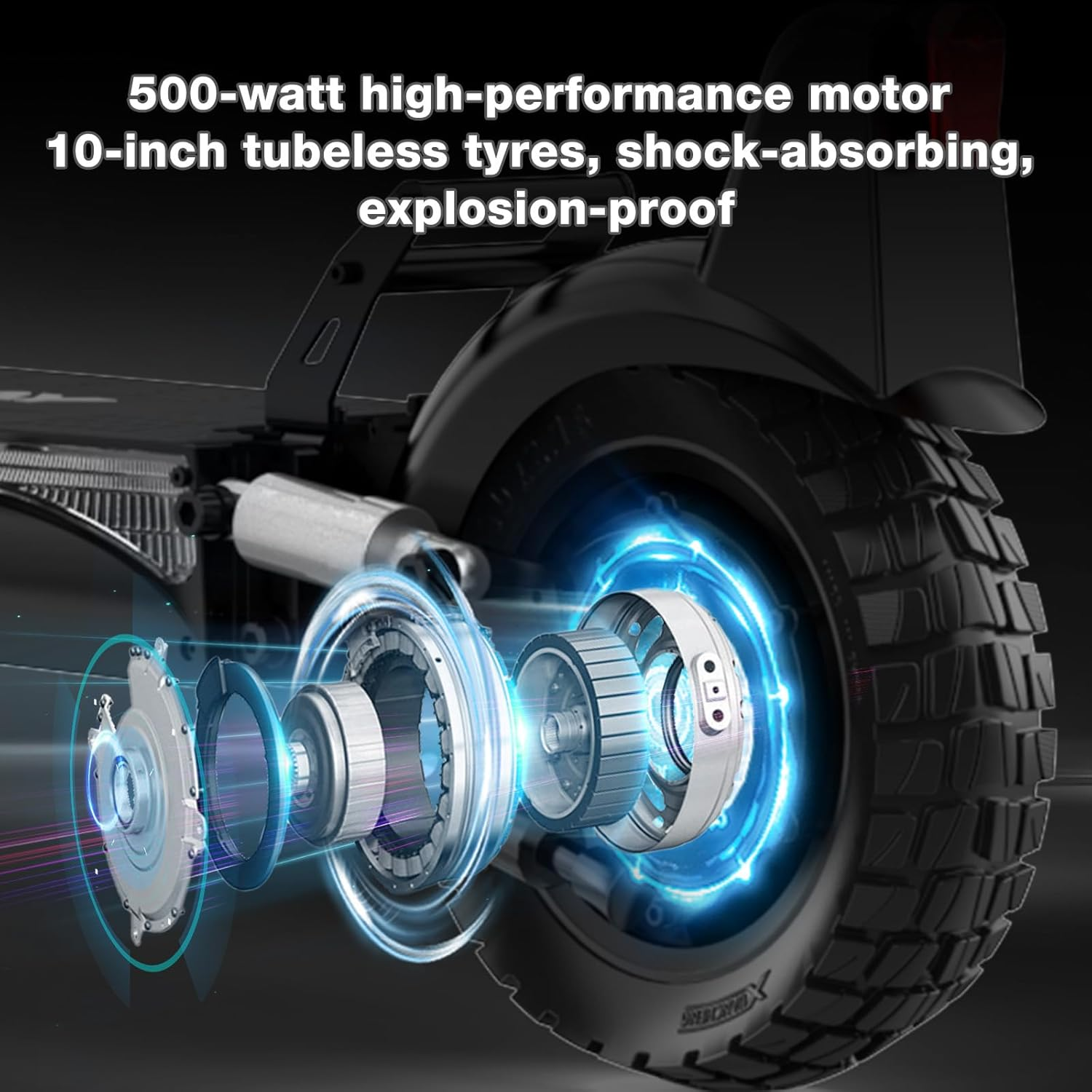 Widok rozłożony koła i silnika hulajnogi elektrycznej, z zaznaczeniem opony, elementów silnika i niebieskiego efektu energii.