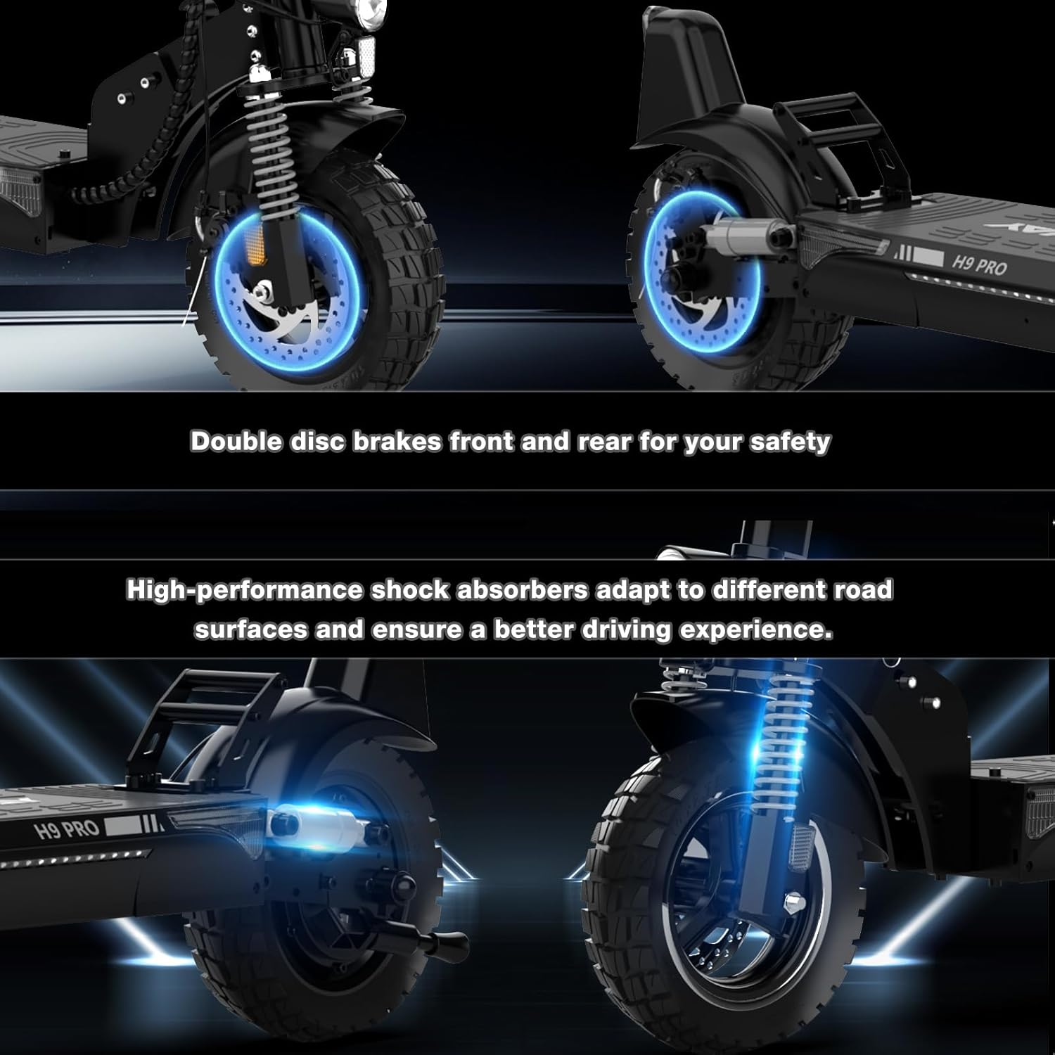 Czarna hulajnoga elektryczna z hamulcami tarczowymi. Widoczne przednie i tylne koła, tekst podkreśla bezpieczeństwo i amortyzatory.