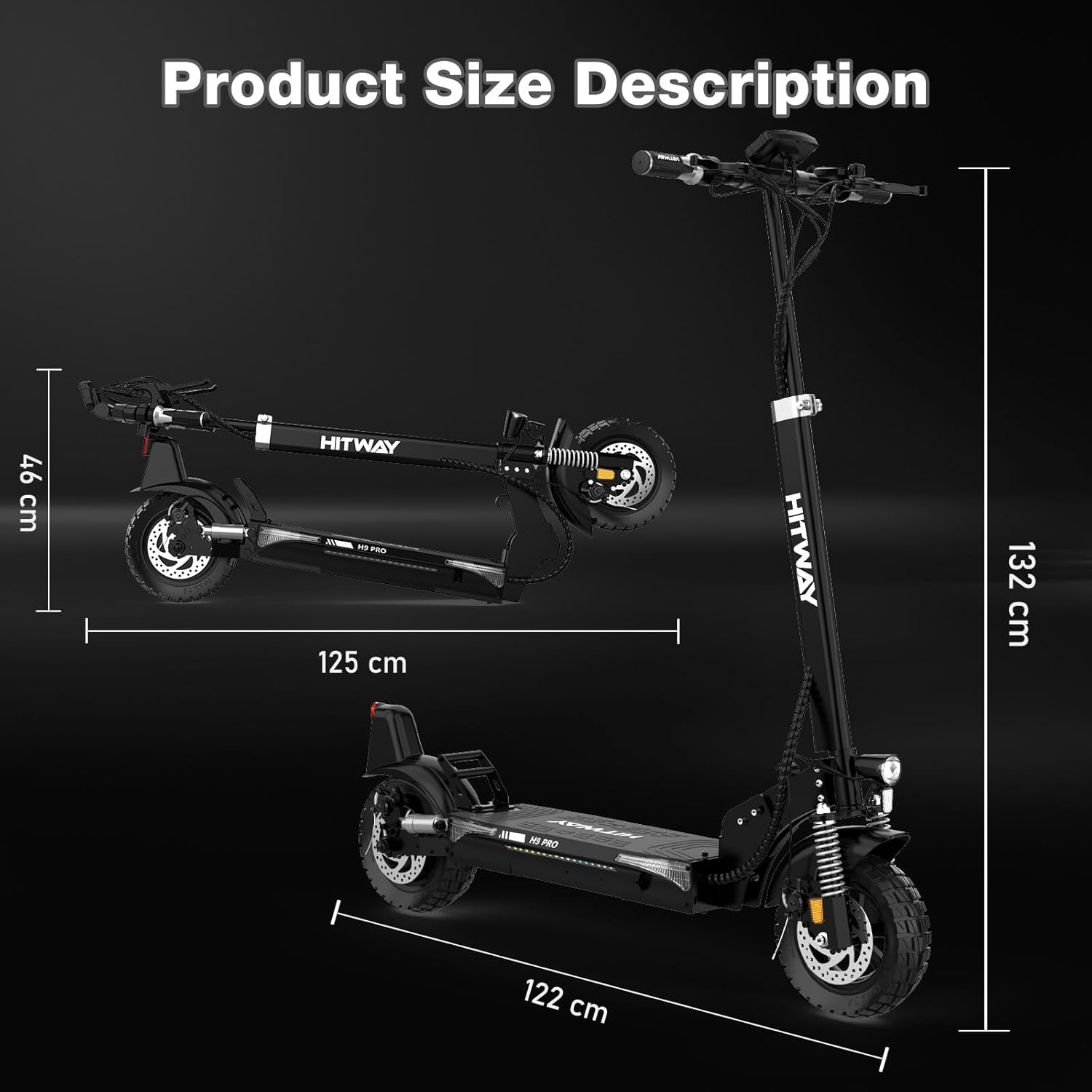 Dwa czarne skutery elektryczne Hitway z opisami rozmiarów. Jeden złożony, drugi rozłożony. Wymiary w cm.