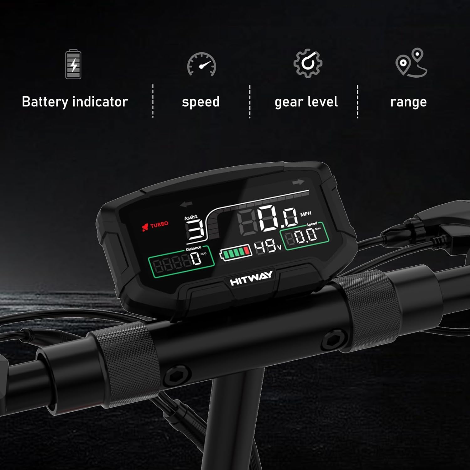 Wyświetlacz skutera elektrycznego pokazuje prędkość, bieg, baterię i dystans. Widoczna czarna kierownica i wskaźnik naładowania baterii.