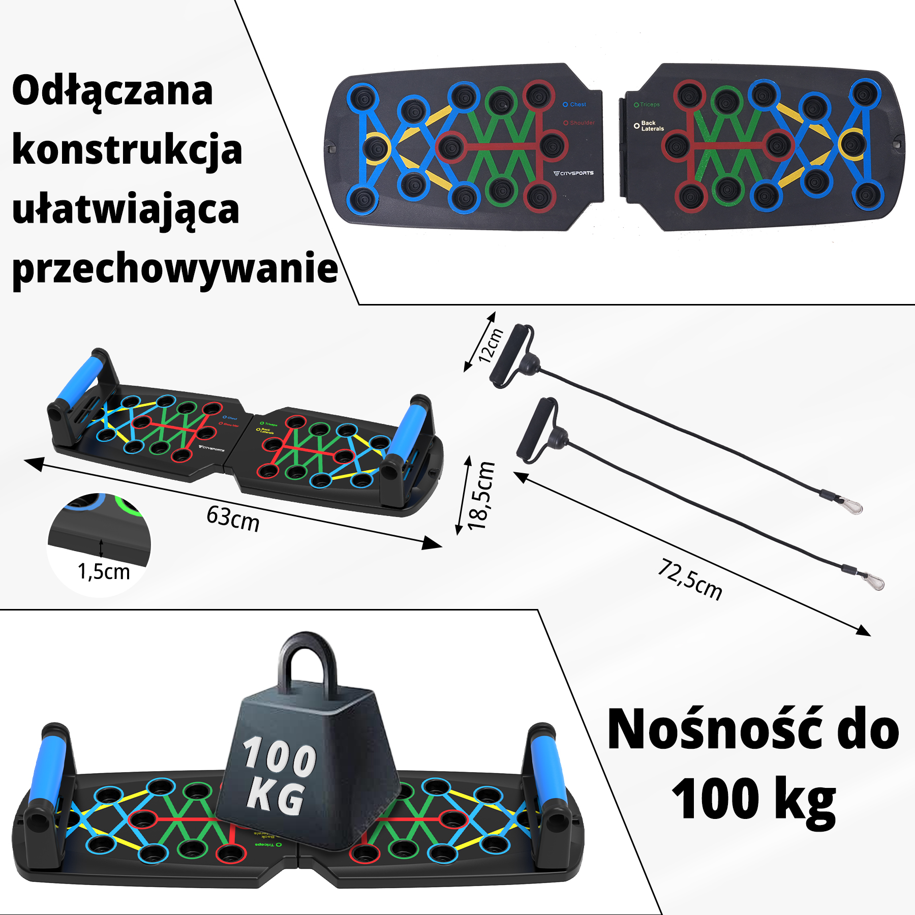 Czarna deska do pompek z niebieskimi uchwytami. Zawiera gumy oporowe i obciążenie. Oznaczone pozycje dla grup mięśni.