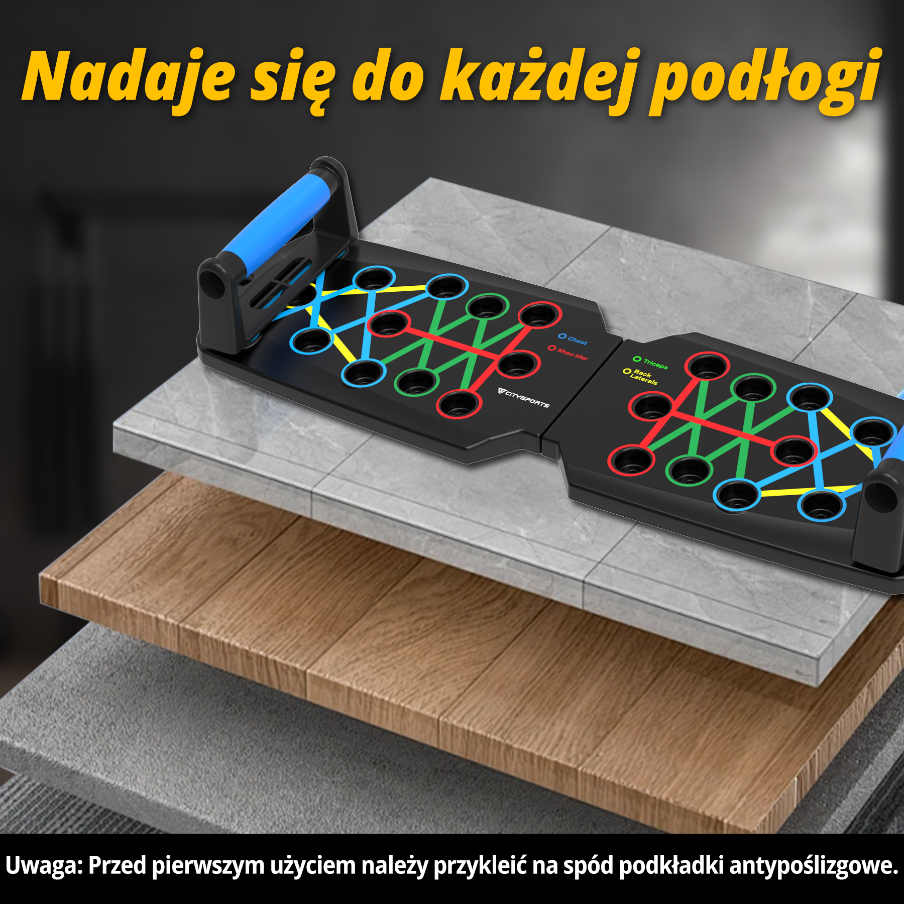 Czarna deska do pompek z niebieskimi uchwytami, kolorowymi instrukcjami ćwiczeń i polskim tekstem. Ułożona na warstwach.