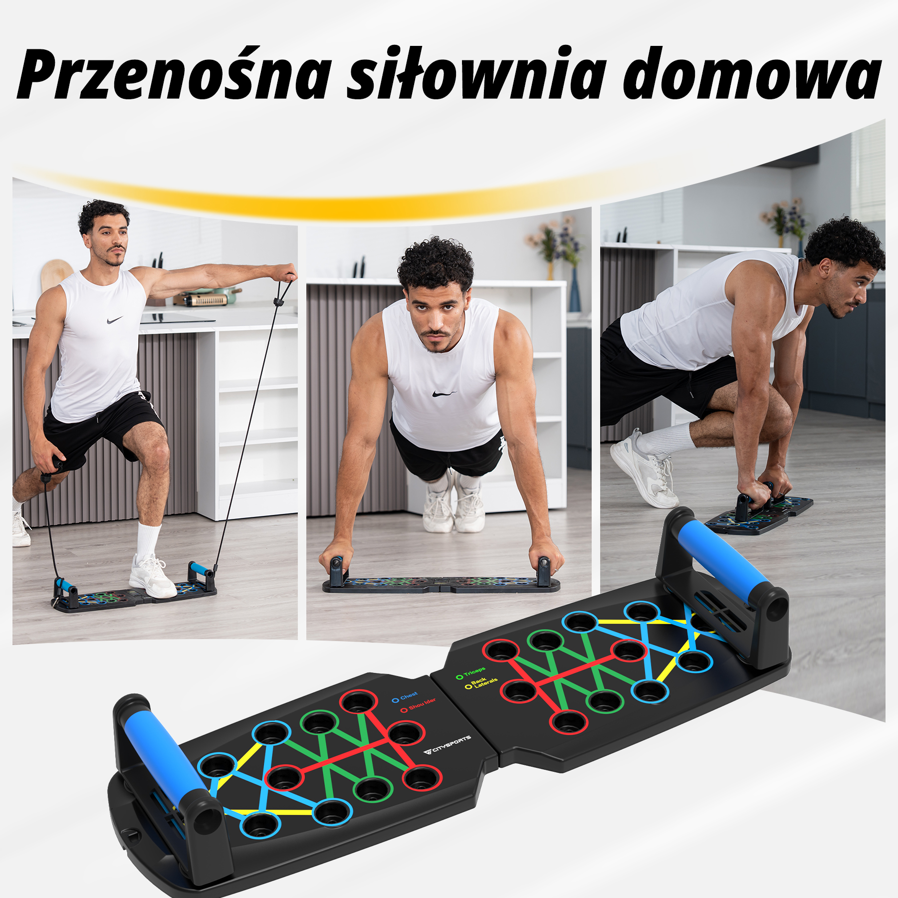 Obraz przedstawia przenośną domową siłownię z mężczyzną, który używa jej podczas różnych ćwiczeń. Siłownia jest czarna z kolorowymi oznaczeniami.