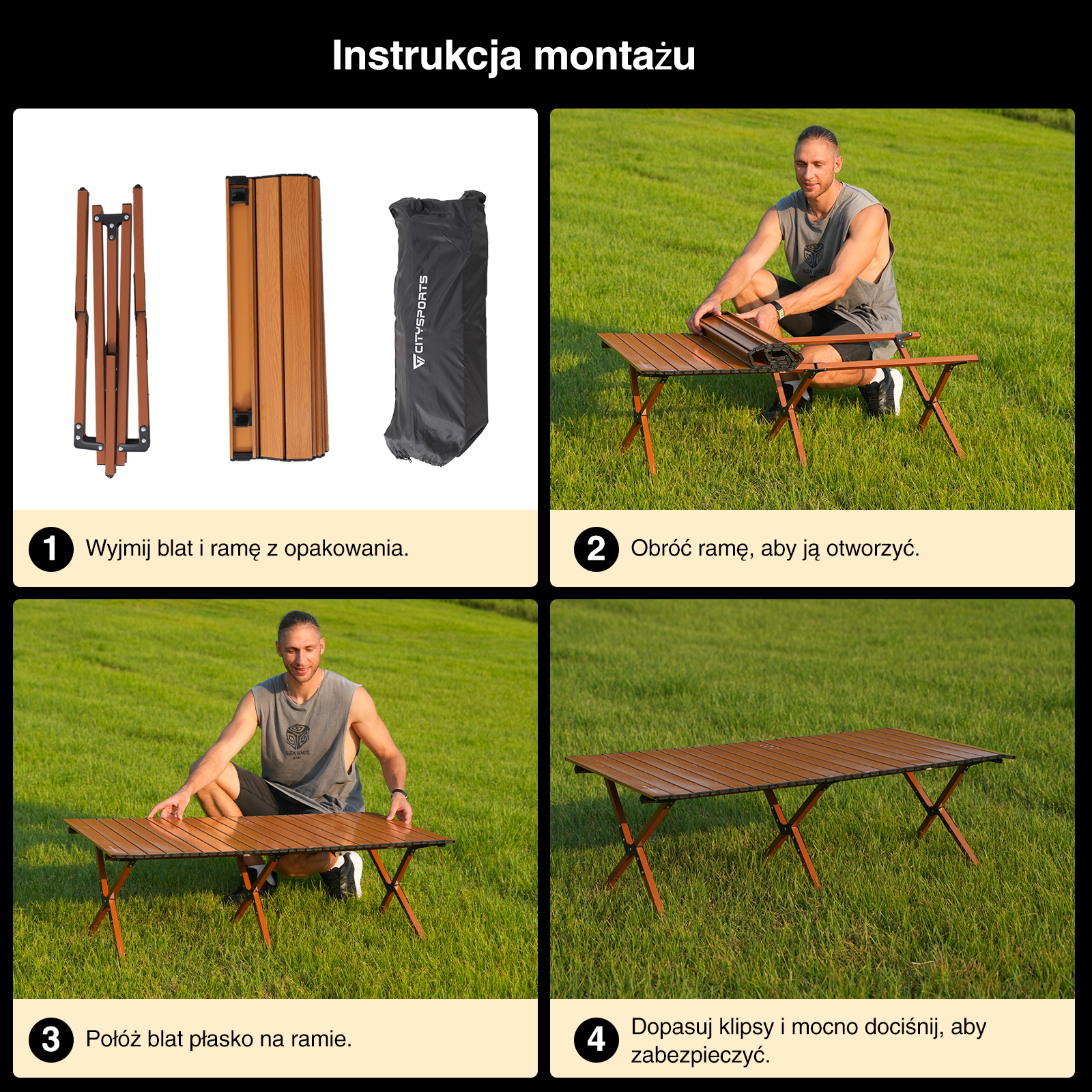 Instrukcja montażu. Mężczyzna składa drewniany stół kempingowy na trawiastym terenie. Kroki 1-4 pokazują proces.