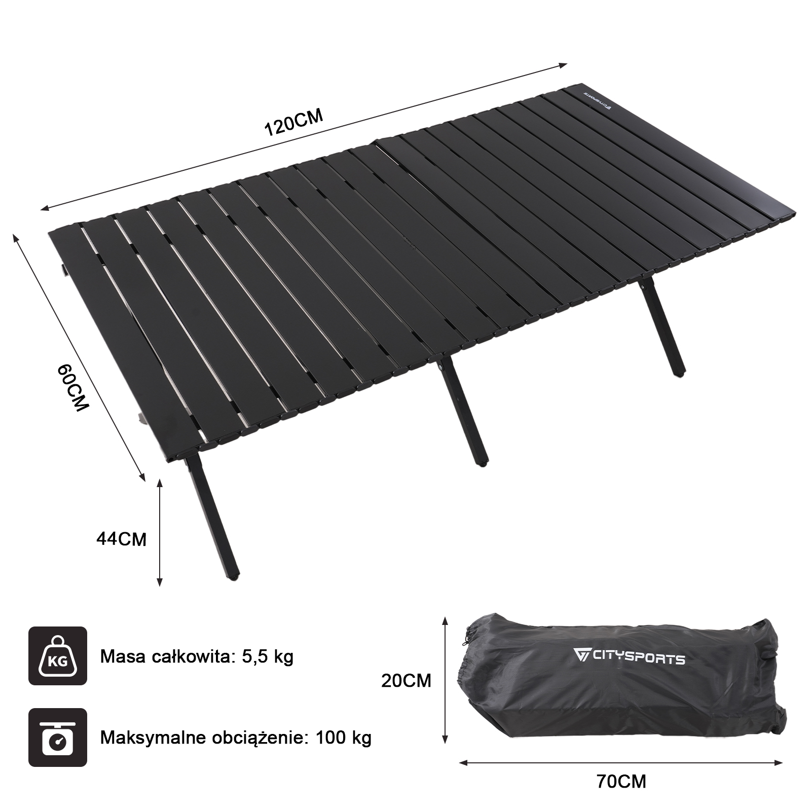 Czarny składany stół, 120 cm długości, 60 cm szerokości, z nogami i torbą transportową. Waga całkowita: 5,5 kg. Maks. obciążenie: 100 kg.