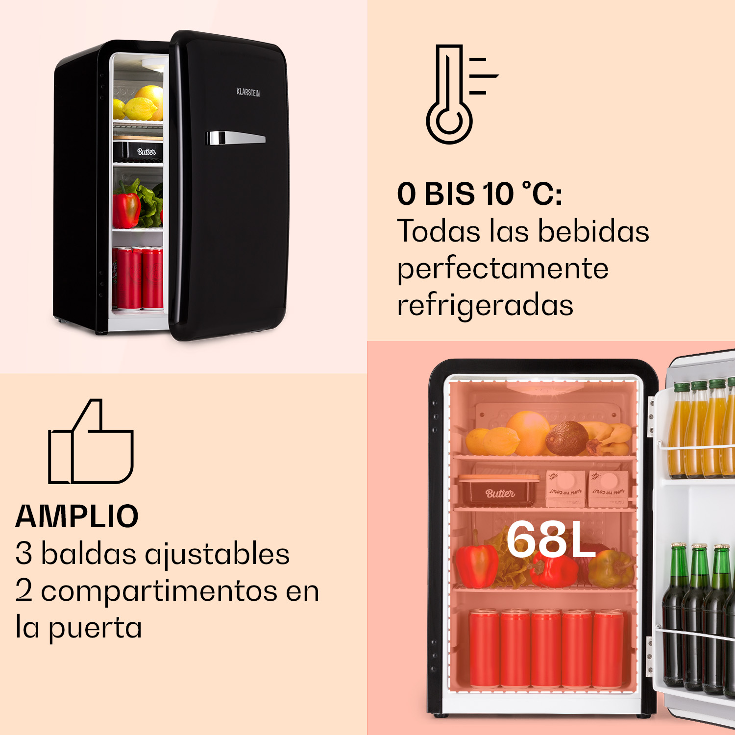 Un mini frigo nero con porta aperta, che mostra vari oggetti. Il testo indica 3 ripiani regolabili e 2 scomparti porta.