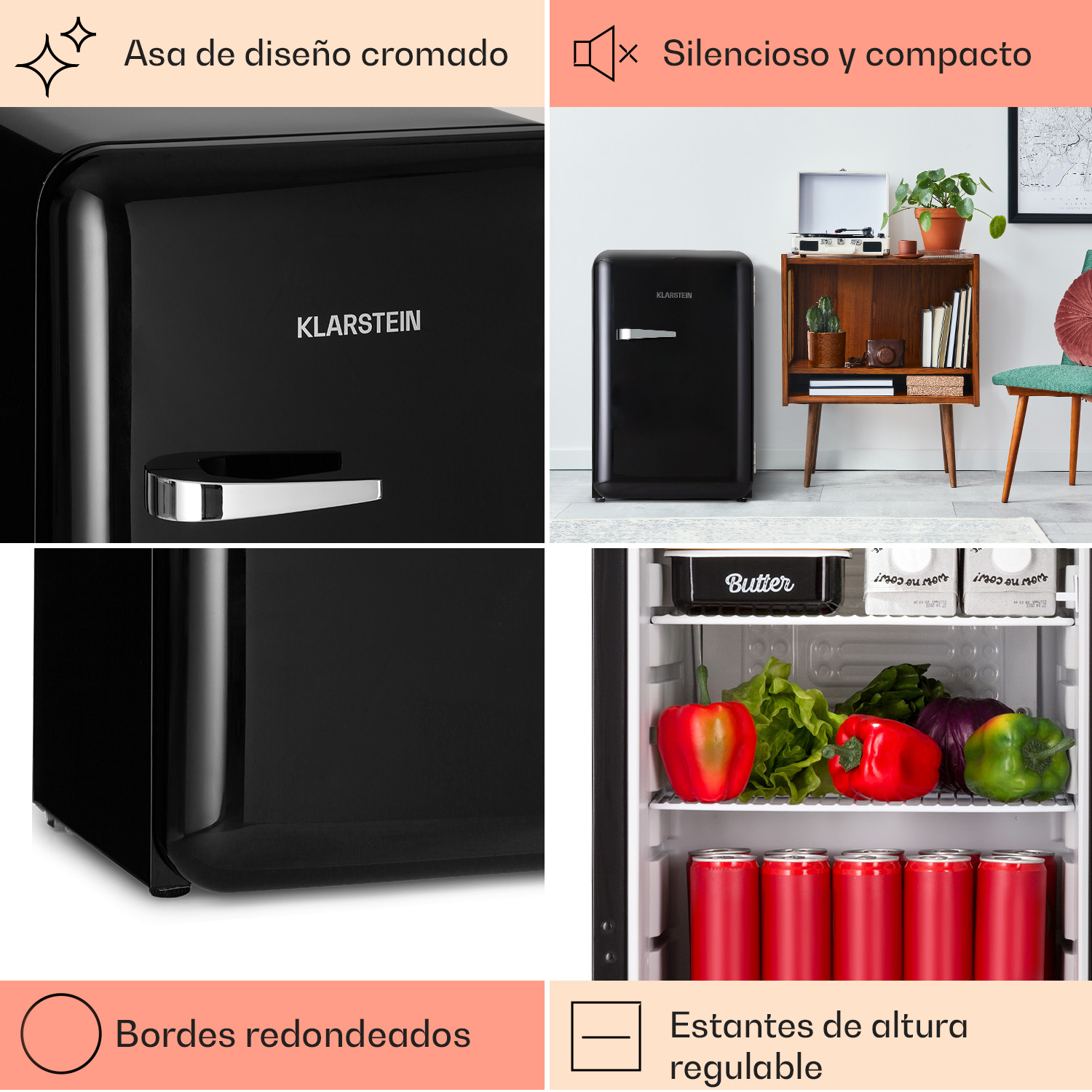 Un mini-frigo nero con maniglia cromata. All'interno, lattine rosse, verdure e burro. Testo: maniglia cromata, silenzioso, bordi arrotondati, ripiani regolabili.