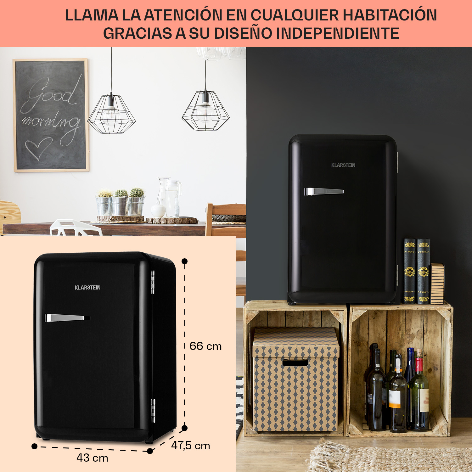 Un mini frigo nero con maniglia argentata è in una stanza. Una lavagna con le parole 'Good morning' è appesa al muro.