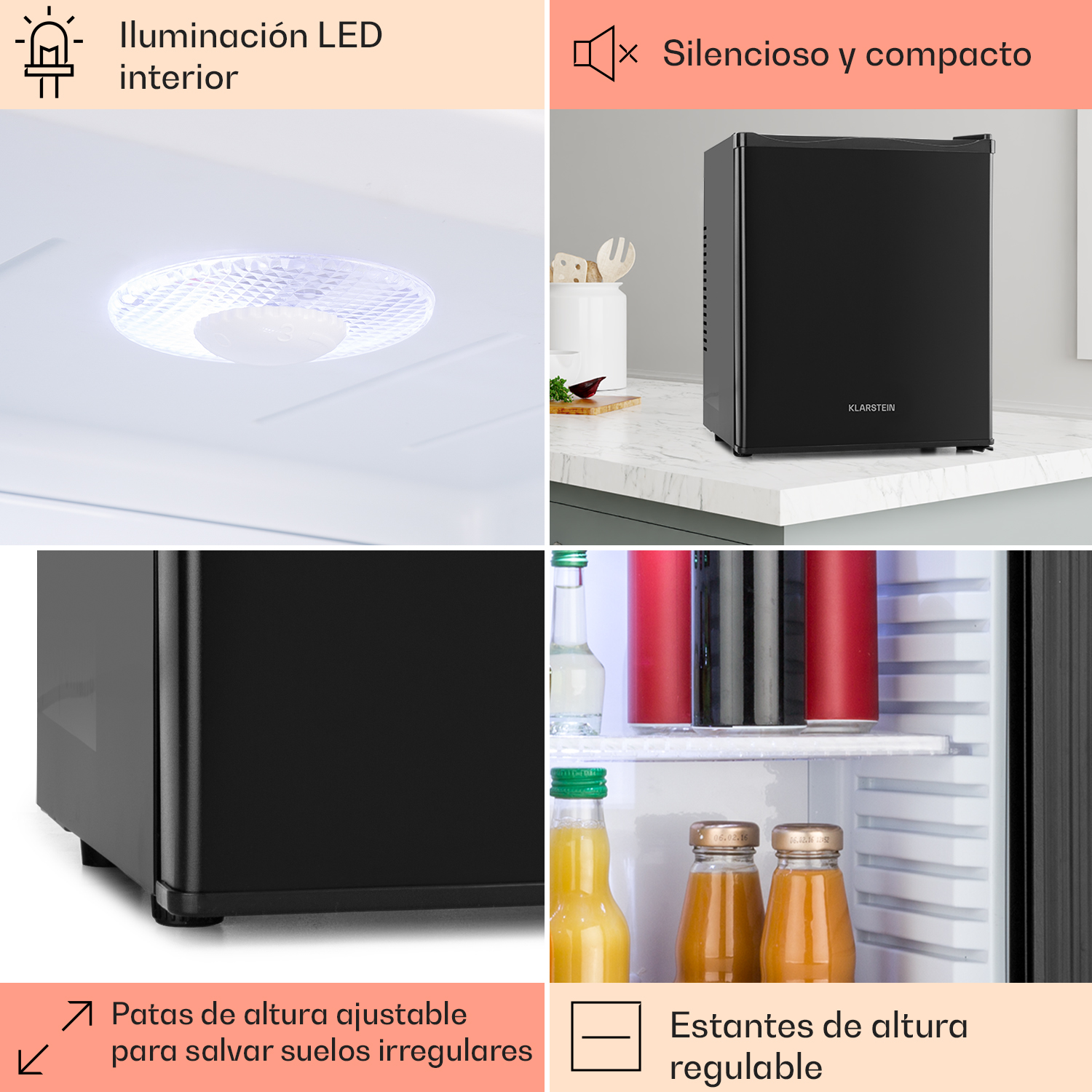 Ein schwarzer Minikühlschrank mit höhenverstellbaren Füßen und Regalen. Er hat eine LED-Innenbeleuchtung und ist leise und kompakt. Die Marke ist Klarstein.