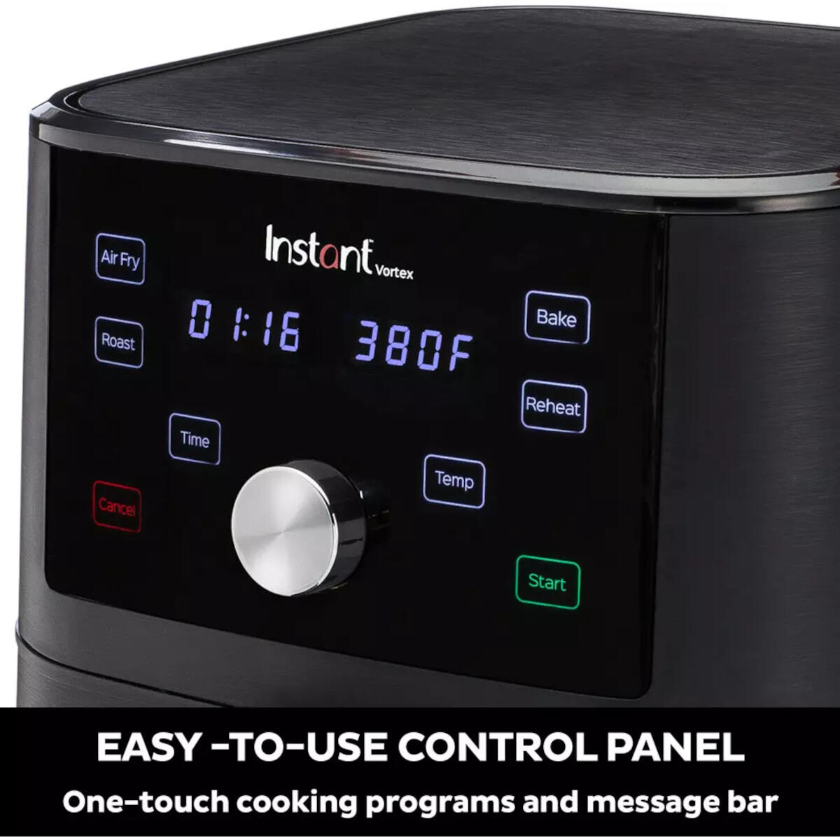 Zbliżenie panelu sterowania frytownicy powietrznej Instant Vortex. Wyświetla czas, temperaturę i opcje gotowania, takie jak smażenie, pieczenie i start.