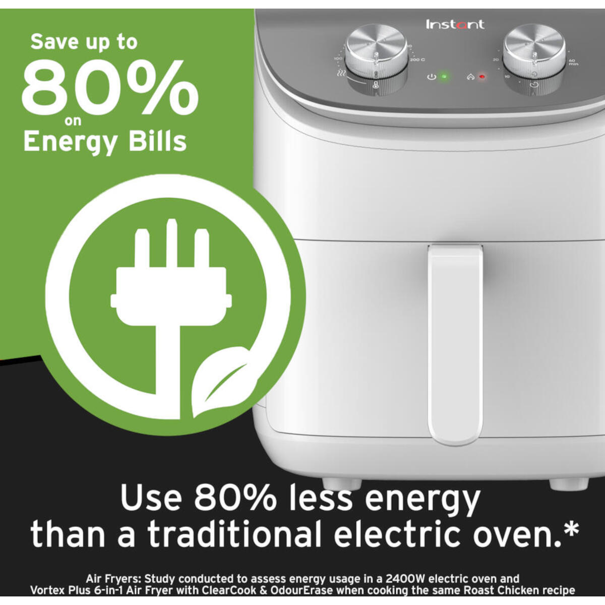 Een airfryer met tekst die energiebesparing promoot. De tekst luidt 'Bespaar tot 80% op energierekeningen' met een stekker-icoon.