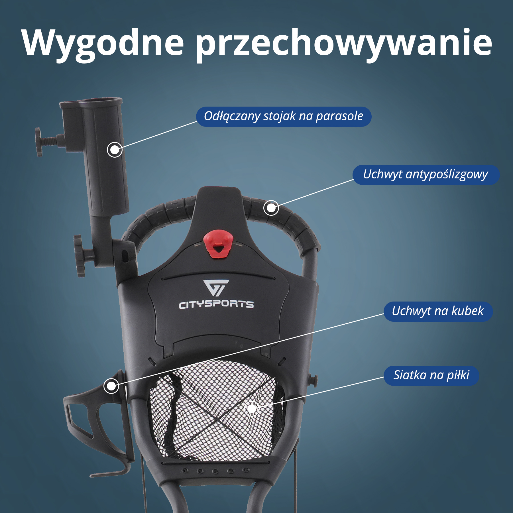 Czarny wózek golfowy z uchwytem na kubek, na parasol i siatką na piłki, z polskimi etykietami.