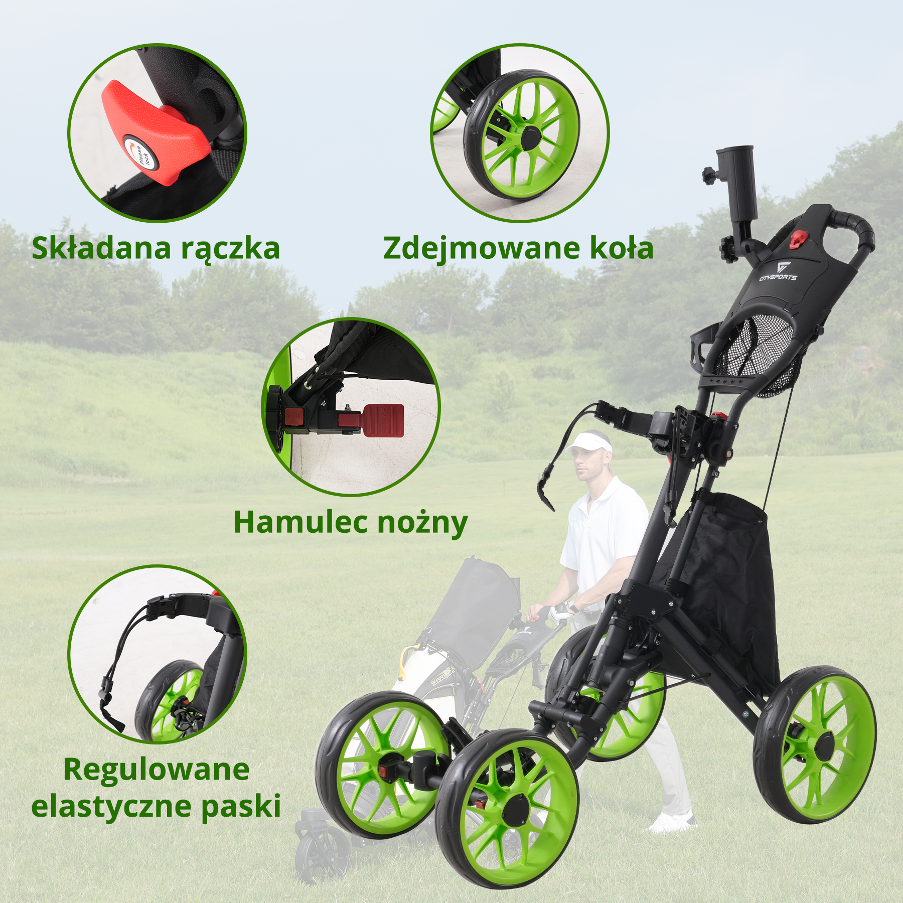 Czarny i zielony wózek golfowy z osobą pchającą go na zielonym polu. Posiada składany uchwyt i zdejmowane koła.