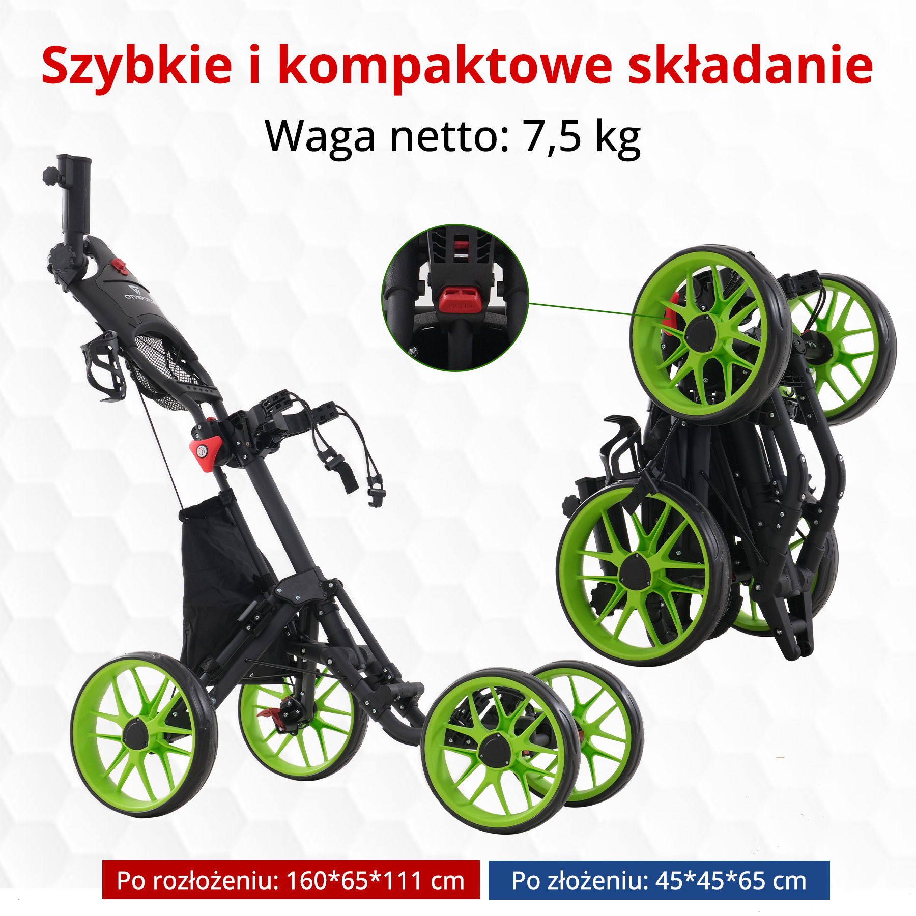 Czarny i zielony wózek golfowy, złożony i rozłożony, z tekstem wskazującym wagę i wymiary.