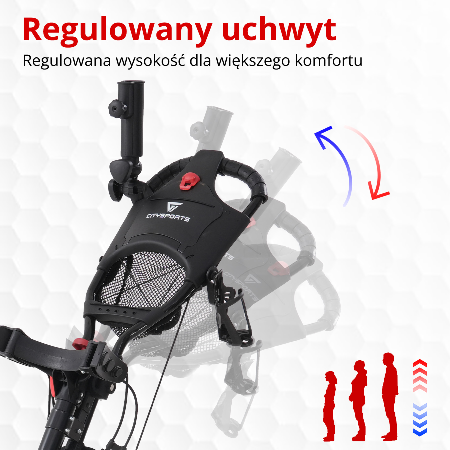 Czarny wózek golfowy z regulowaną wysokością, czerwone akcenty. Strzałki pokazują regulacje wysokości, sylwetki wskazują różne wzrosty użytkowników.