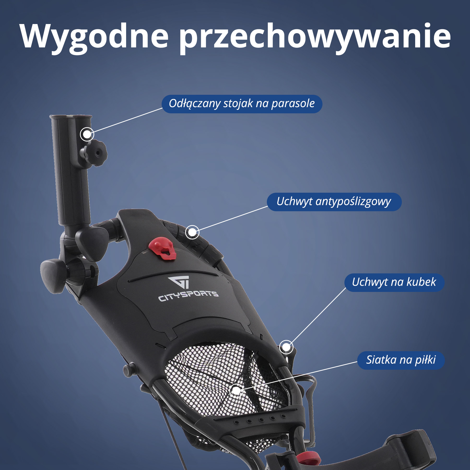 Czarny wózek golfowy z czerwonym guzikiem. Posiada uchwyt na kubek, uchwyt na parasol i siatkę na piłki, wszystko na niebieskim gradiencie.