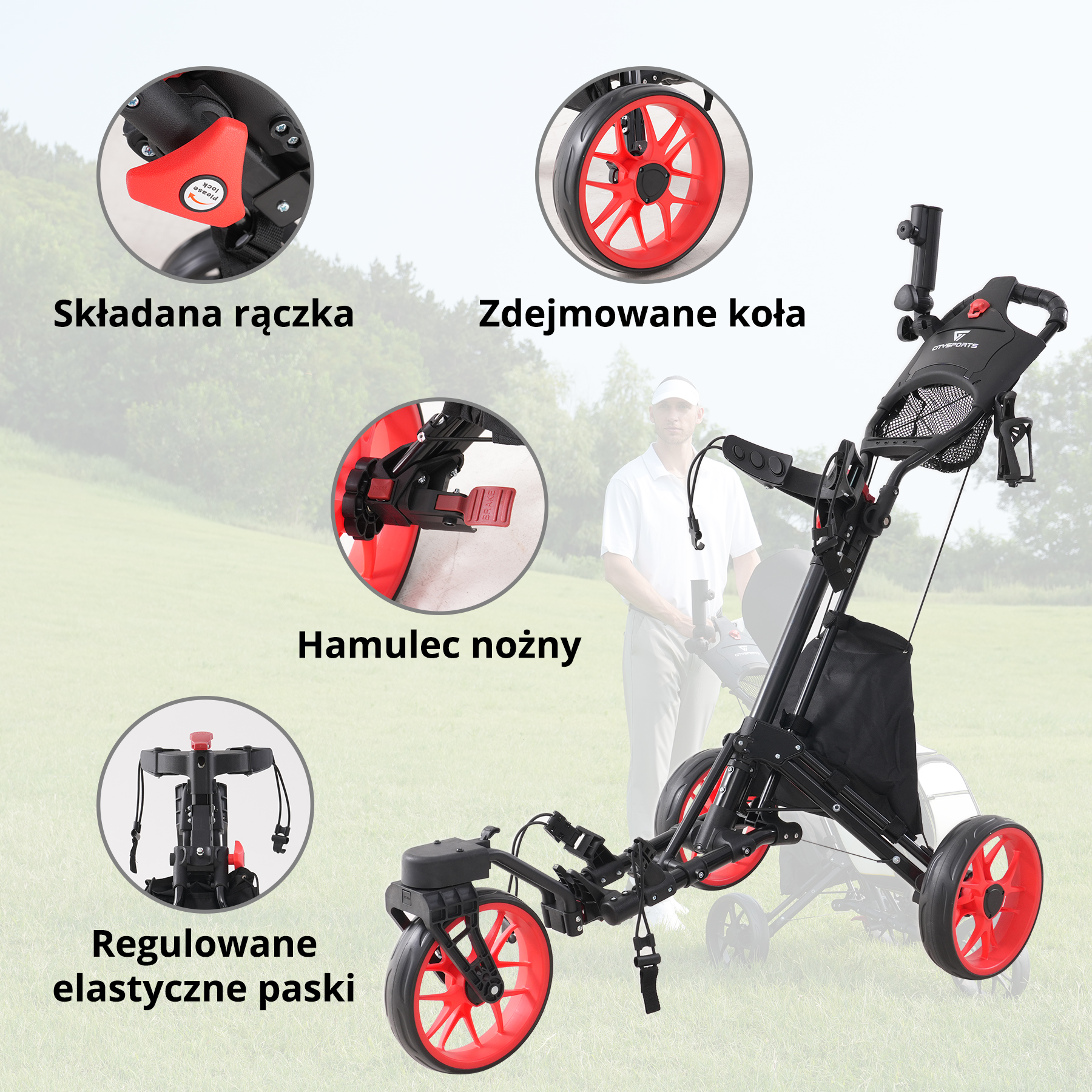 Wózek golfowy z czerwonymi kołami i czarną ramą. Szczegóły: składana rączka, zdejmowane koła i regulowane paski.