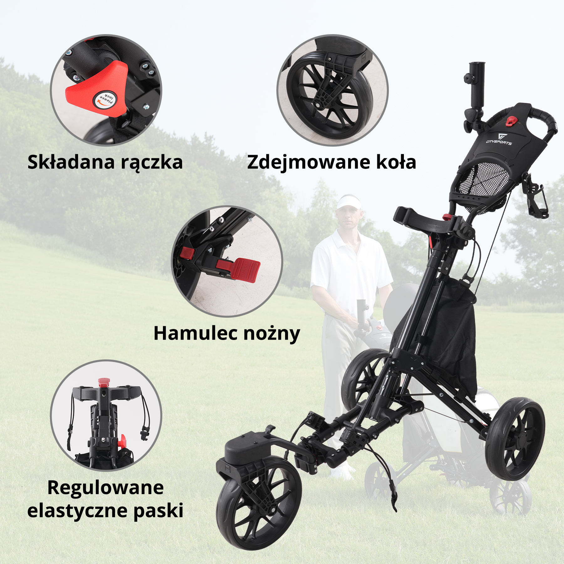 Czarny wózek golfowy z osobą trzymającą kij golfowy w tle. Szczegóły obejmują koła, hamulec i regulowane paski.