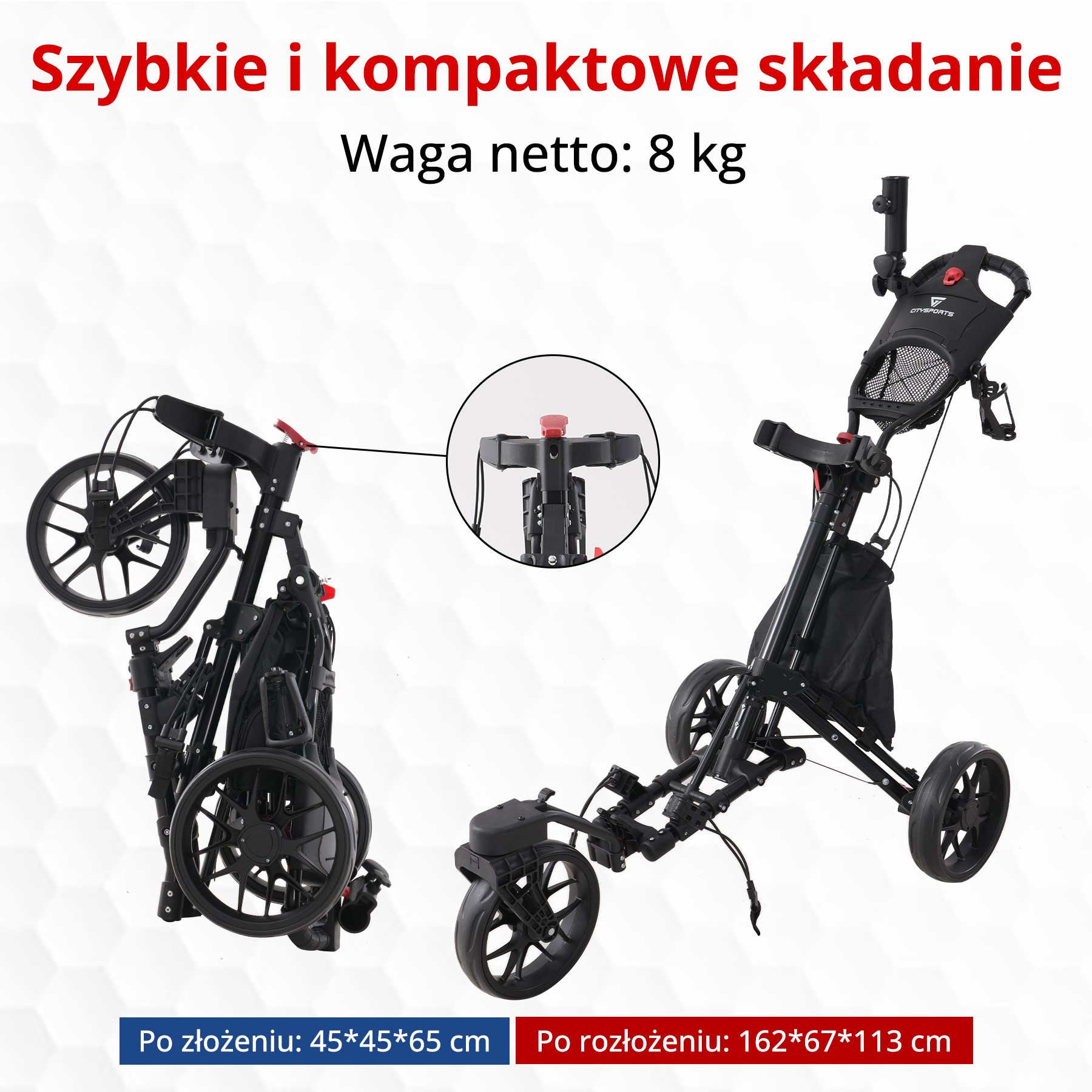 Czarny wózek golfowy, złożony i rozłożony, z wymiarami i wagą. Tekst po polsku.