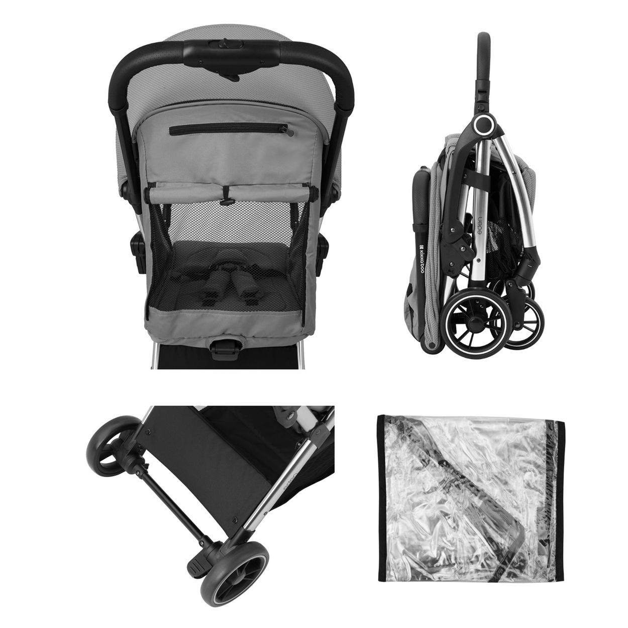 Ein grauer Kinderwagen in vier verschiedenen Ansichten: vorne, zusammengeklappt, Unterseite und eine Regenhaube. Der Kinderwagen ist neu und unbenutzt.