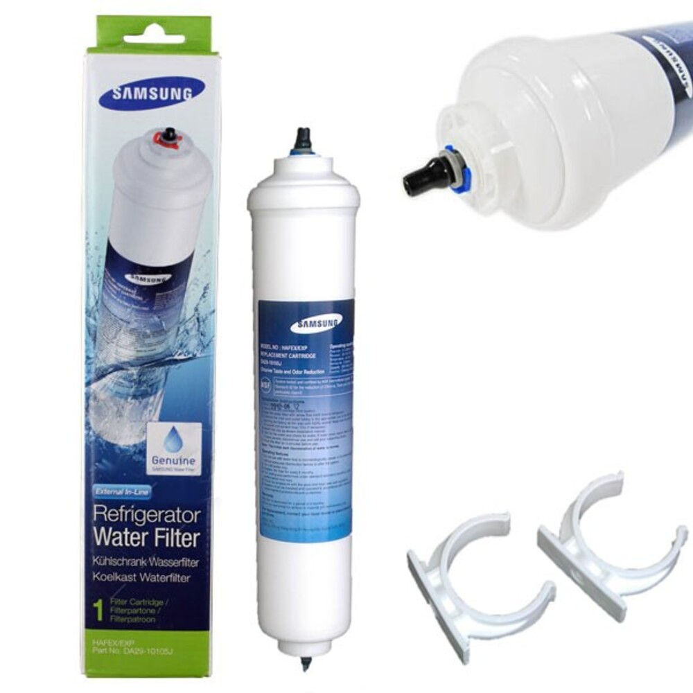 Filtro de agua para refrigerador Samsung, cilindro blanco, con caja y dos clips blancos, todo sobre fondo blanco.
